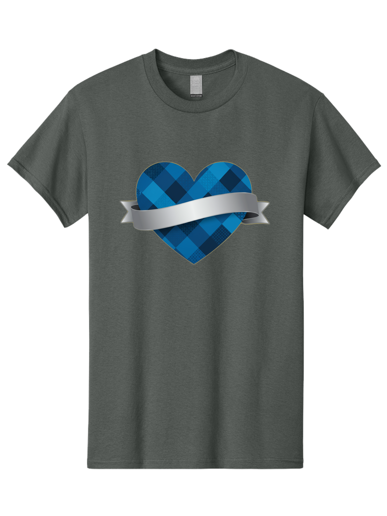 Blue-Plaid-Heart Men'S Graphic Tee, 100% Cotton, Comfortable Casual Summer Wear, Machine Washable, Blue Plaid Heart, Silver Ribbon, Love Symbol, Heart Shape, Textured Pattern, Checkered Design, Elegant Graphics, Symbolic Heart Bae139 9
