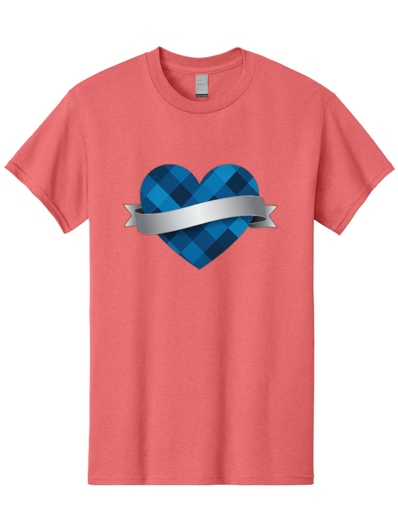Blue-Plaid-Heart Men'S Graphic Tee, 100% Cotton, Comfortable Casual Summer Wear, Machine Washable, Blue Plaid Heart, Silver Ribbon, Love Symbol, Heart Shape, Textured Pattern, Checkered Design, Elegant Graphics, Symbolic Heart Bae139 10