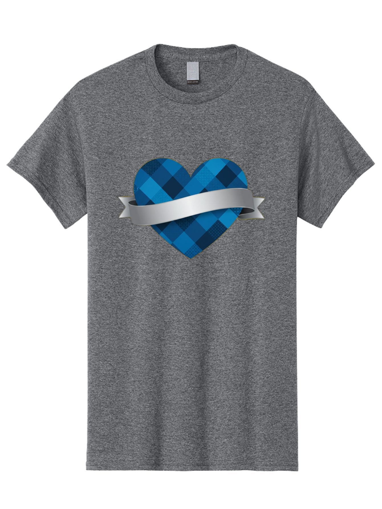 Blue-Plaid-Heart Men'S Graphic Tee, 100% Cotton, Comfortable Casual Summer Wear, Machine Washable, Blue Plaid Heart, Silver Ribbon, Love Symbol, Heart Shape, Textured Pattern, Checkered Design, Elegant Graphics, Symbolic Heart Bae139 8