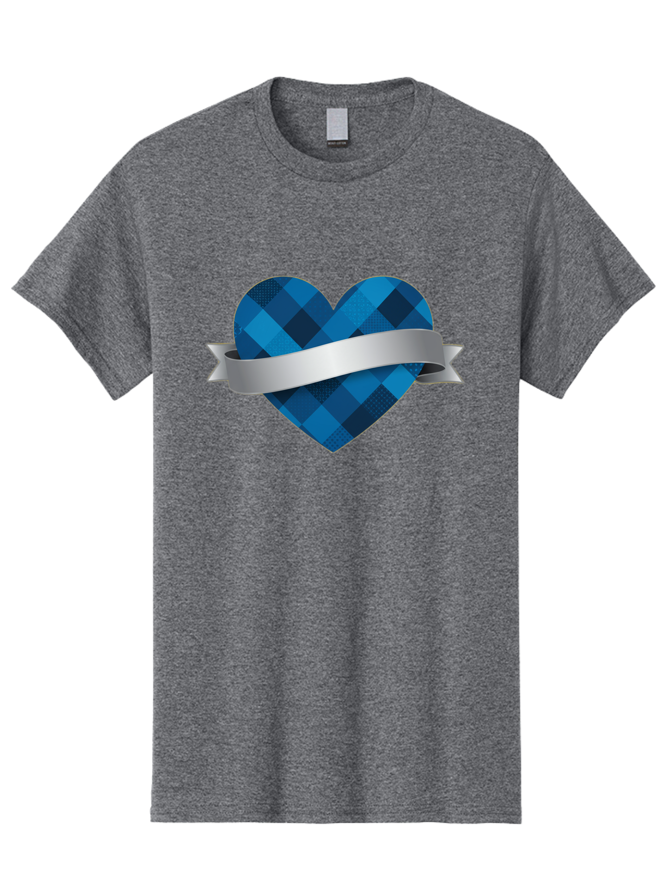 Blue-Plaid-Heart Men'S Graphic Tee, 100% Cotton, Comfortable Casual Summer Wear, Machine Washable, Blue Plaid Heart, Silver Ribbon, Love Symbol, Heart Shape, Textured Pattern, Checkered Design, Elegant Graphics, Symbolic Heart Bae139 6