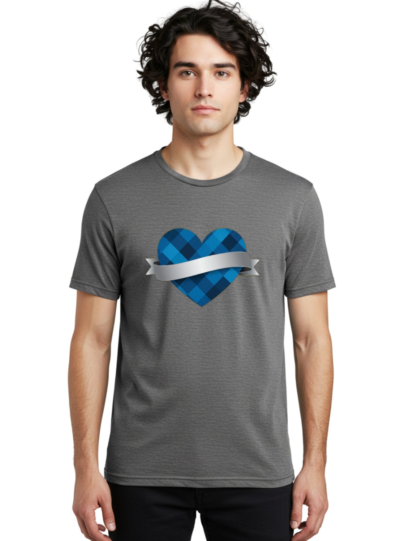 Blue-Plaid-Heart Men'S Graphic Tee, 100% Cotton, Comfortable Casual Summer Wear, Machine Washable, Blue Plaid Heart, Silver Ribbon, Love Symbol, Heart Shape, Textured Pattern, Checkered Design, Elegant Graphics, Symbolic Heart Bae139 25