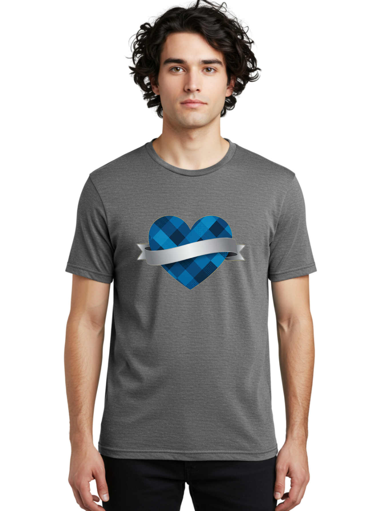 Blue-Plaid-Heart Men'S Graphic Tee, 100% Cotton, Comfortable Casual Summer Wear, Machine Washable, Blue Plaid Heart, Silver Ribbon, Love Symbol, Heart Shape, Textured Pattern, Checkered Design, Elegant Graphics, Symbolic Heart Bae139 21