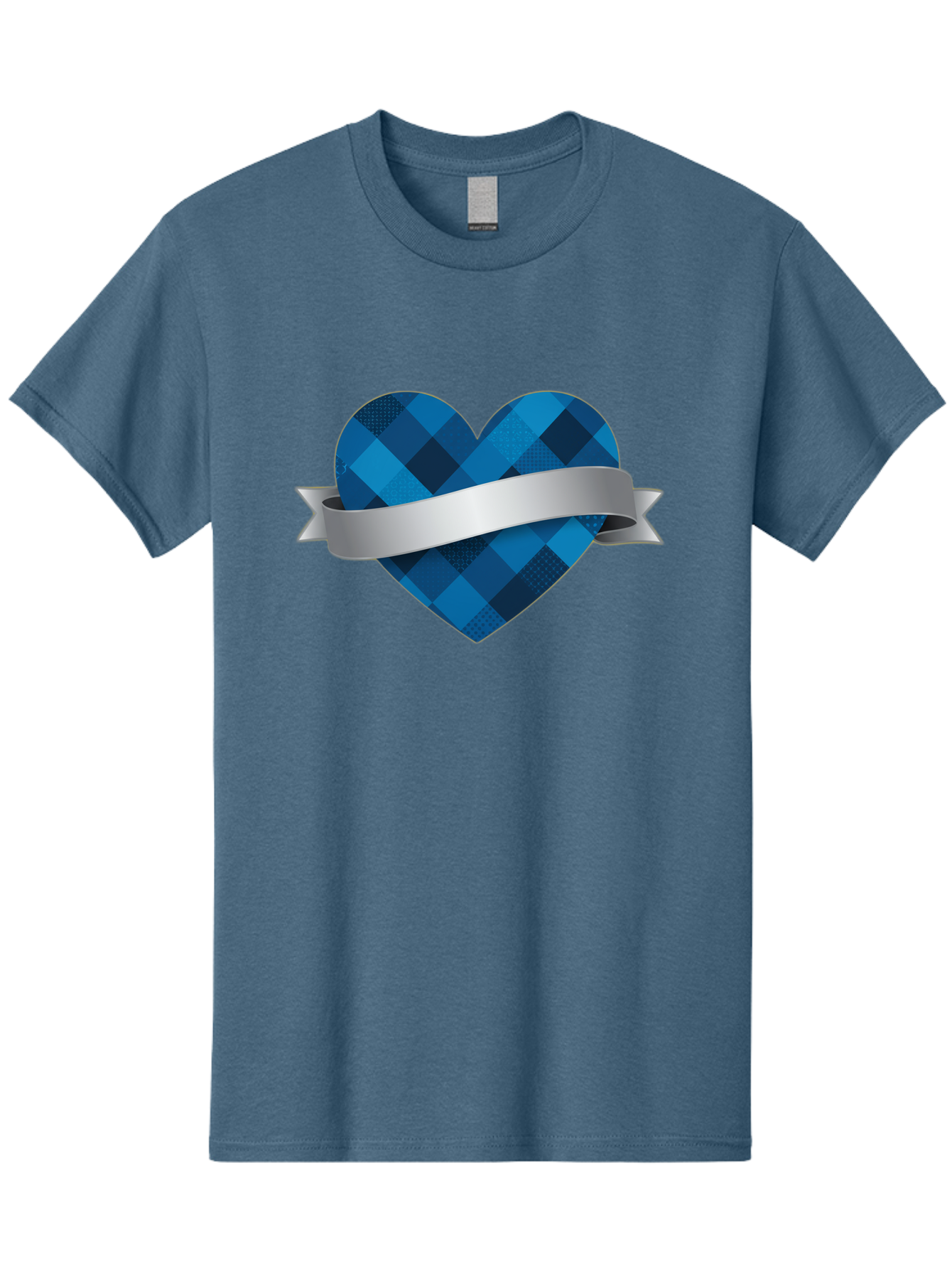 Blue-Plaid-Heart Men'S Graphic Tee, 100% Cotton, Comfortable Casual Summer Wear, Machine Washable, Blue Plaid Heart, Silver Ribbon, Love Symbol, Heart Shape, Textured Pattern, Checkered Design, Elegant Graphics, Symbolic Heart Bae139 10