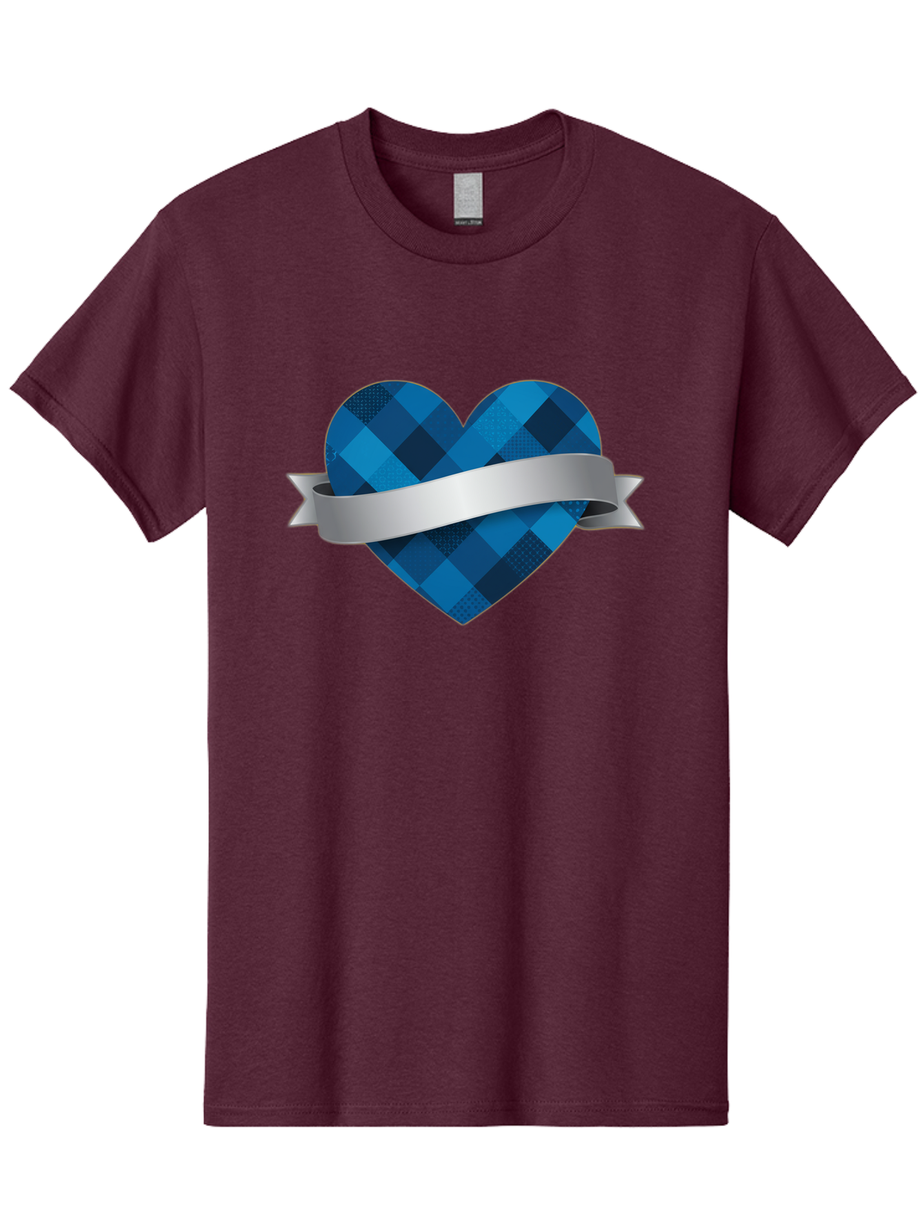 Blue-Plaid-Heart Men'S Graphic Tee, 100% Cotton, Comfortable Casual Summer Wear, Machine Washable, Blue Plaid Heart, Silver Ribbon, Love Symbol, Heart Shape, Textured Pattern, Checkered Design, Elegant Graphics, Symbolic Heart Bae139 4