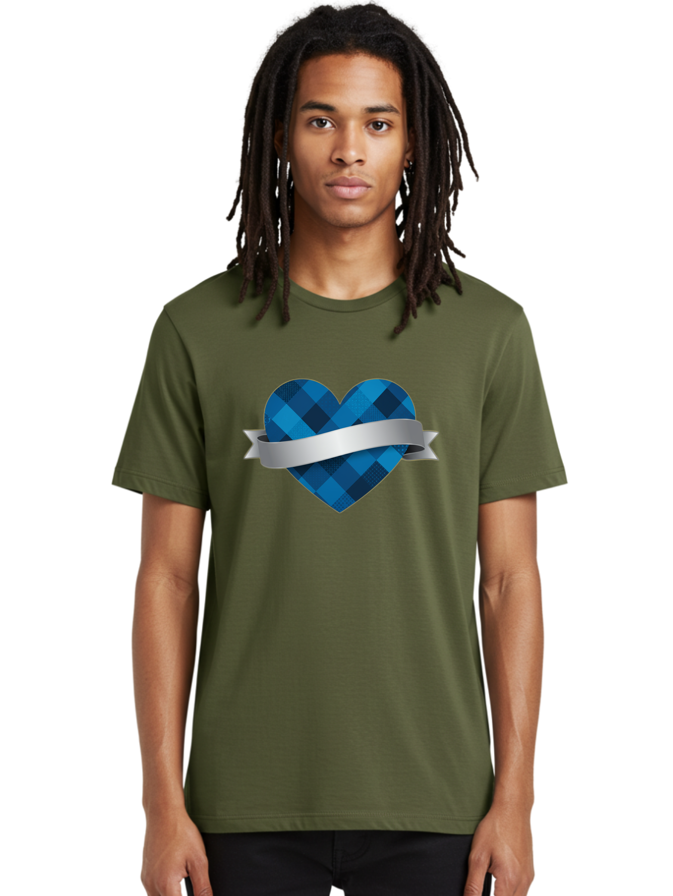 Blue-Plaid-Heart Men'S Graphic Tee, 100% Cotton, Comfortable Casual Summer Wear, Machine Washable, Blue Plaid Heart, Silver Ribbon, Love Symbol, Heart Shape, Textured Pattern, Checkered Design, Elegant Graphics, Symbolic Heart Bae139 20