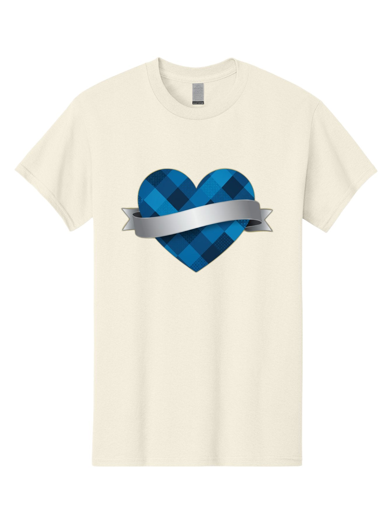 Blue-Plaid-Heart Men'S Graphic Tee, 100% Cotton, Comfortable Casual Summer Wear, Machine Washable, Blue Plaid Heart, Silver Ribbon, Love Symbol, Heart Shape, Textured Pattern, Checkered Design, Elegant Graphics, Symbolic Heart Bae139 6
