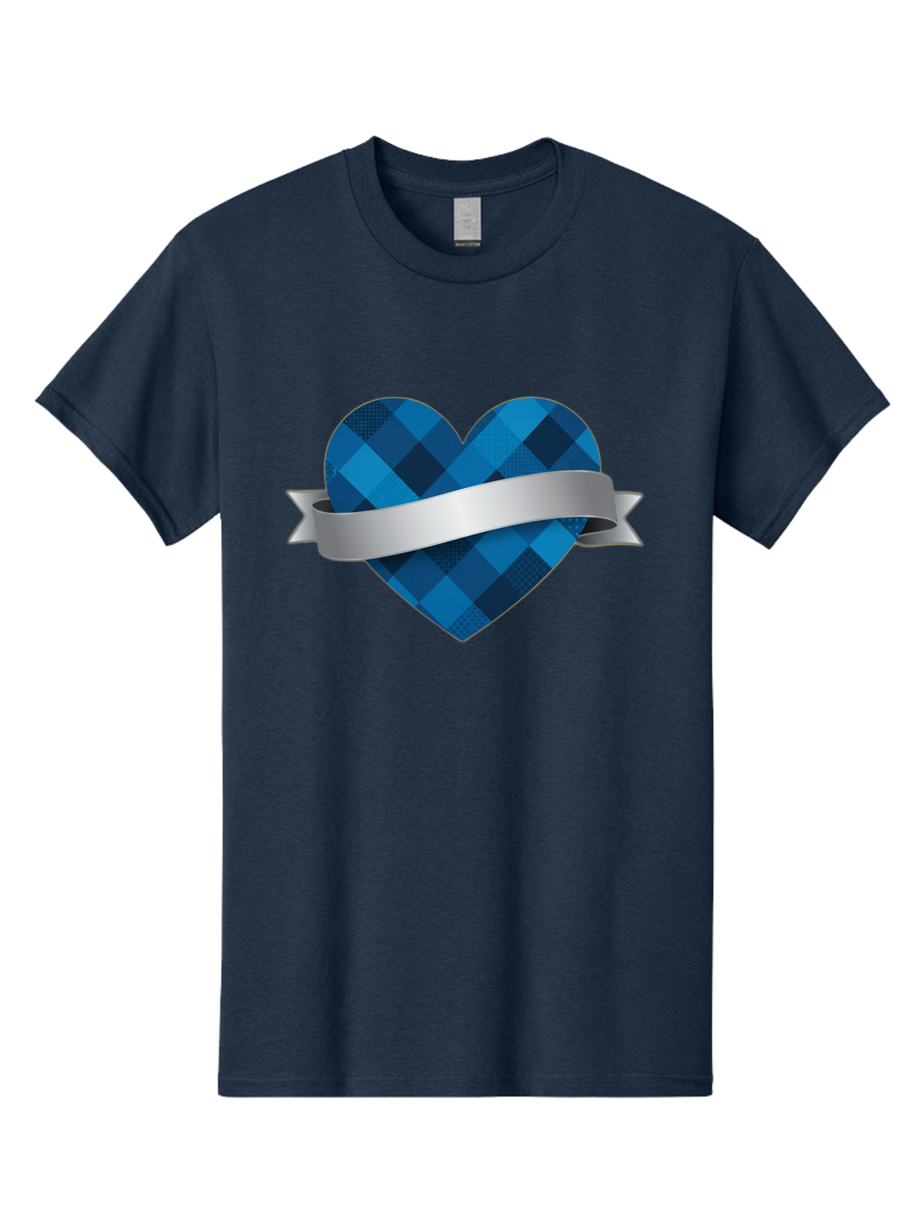 Blue-Plaid-Heart Men'S Graphic Tee, 100% Cotton, Comfortable Casual Summer Wear, Machine Washable, Blue Plaid Heart, Silver Ribbon, Love Symbol, Heart Shape, Textured Pattern, Checkered Design, Elegant Graphics, Symbolic Heart Bae139 15
