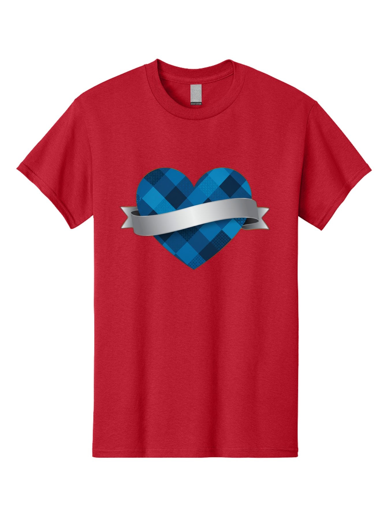 Blue-Plaid-Heart Men'S Graphic Tee, 100% Cotton, Comfortable Casual Summer Wear, Machine Washable, Blue Plaid Heart, Silver Ribbon, Love Symbol, Heart Shape, Textured Pattern, Checkered Design, Elegant Graphics, Symbolic Heart Bae139