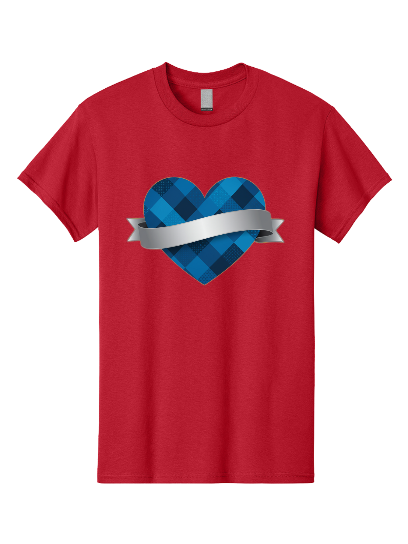 Blue-Plaid-Heart Men'S Graphic Tee, 100% Cotton, Comfortable Casual Summer Wear, Machine Washable, Blue Plaid Heart, Silver Ribbon, Love Symbol, Heart Shape, Textured Pattern, Checkered Design, Elegant Graphics, Symbolic Heart Bae139 11