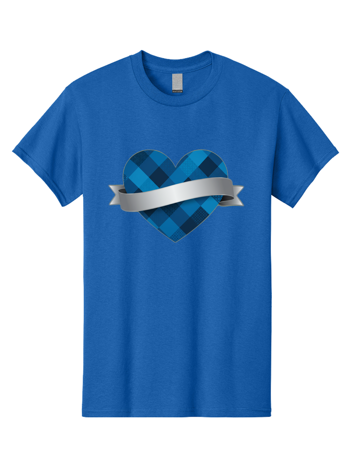 Blue-Plaid-Heart Men'S Graphic Tee, 100% Cotton, Comfortable Casual Summer Wear, Machine Washable, Blue Plaid Heart, Silver Ribbon, Love Symbol, Heart Shape, Textured Pattern, Checkered Design, Elegant Graphics, Symbolic Heart Bae139 8