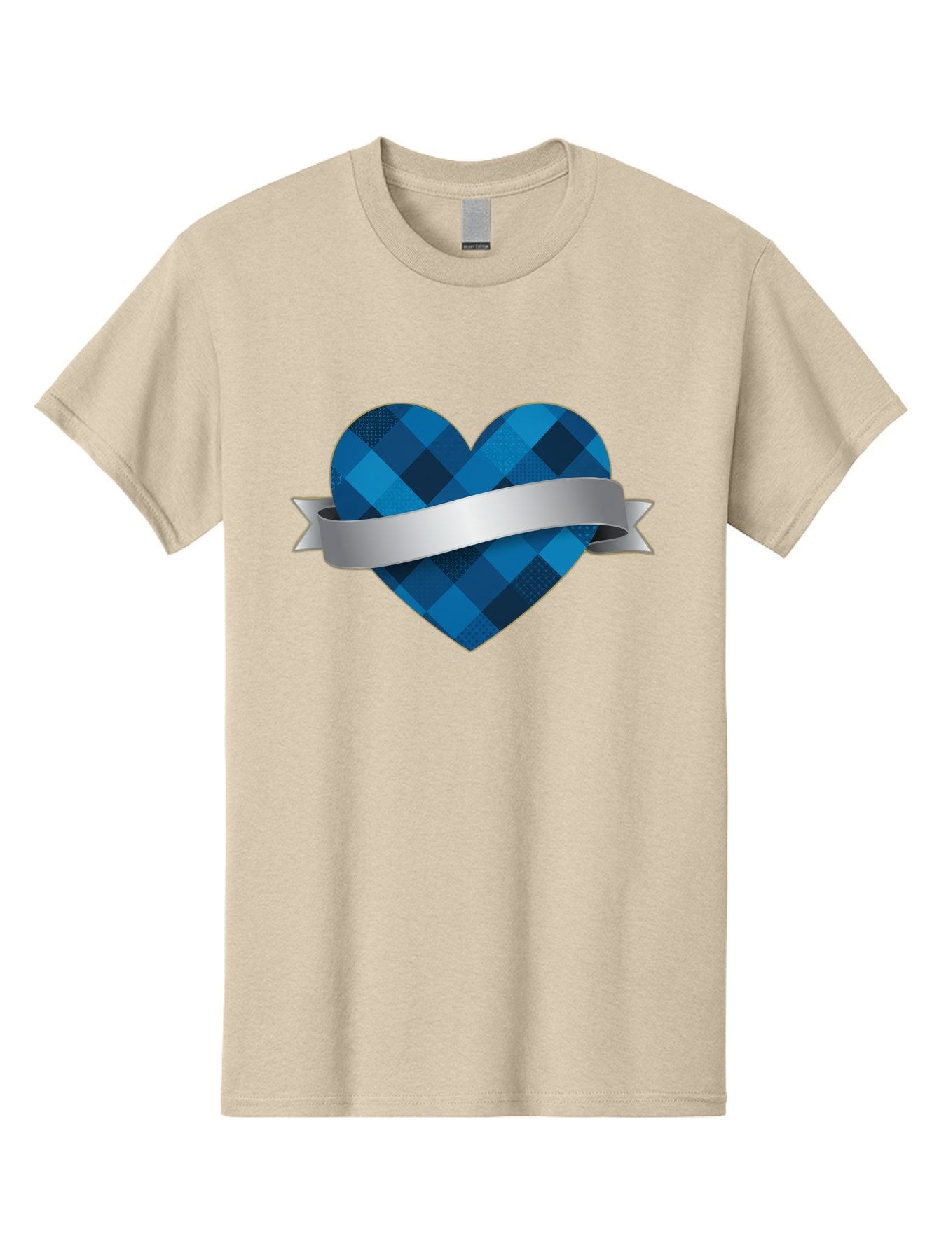 Blue-Plaid-Heart Men'S Graphic Tee, 100% Cotton, Comfortable Casual Summer Wear, Machine Washable, Blue Plaid Heart, Silver Ribbon, Love Symbol, Heart Shape, Textured Pattern, Checkered Design, Elegant Graphics, Symbolic Heart Bae139 12