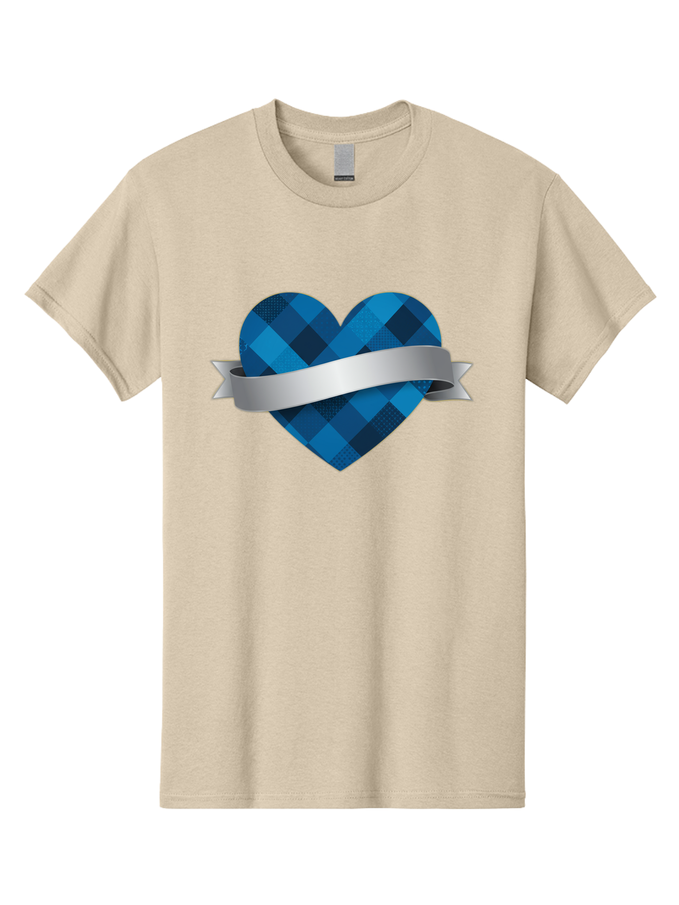 Blue-Plaid-Heart Men'S Graphic Tee, 100% Cotton, Comfortable Casual Summer Wear, Machine Washable, Blue Plaid Heart, Silver Ribbon, Love Symbol, Heart Shape, Textured Pattern, Checkered Design, Elegant Graphics, Symbolic Heart Bae139 3