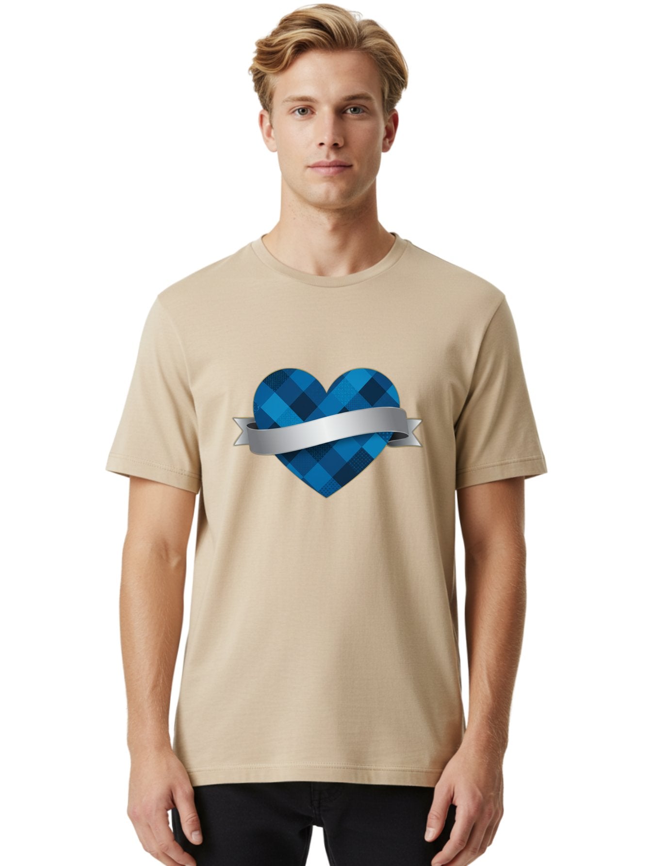 Blue-Plaid-Heart Men'S Graphic Tee, 100% Cotton, Comfortable Casual Summer Wear, Machine Washable, Blue Plaid Heart, Silver Ribbon, Love Symbol, Heart Shape, Textured Pattern, Checkered Design, Elegant Graphics, Symbolic Heart Bae139 28