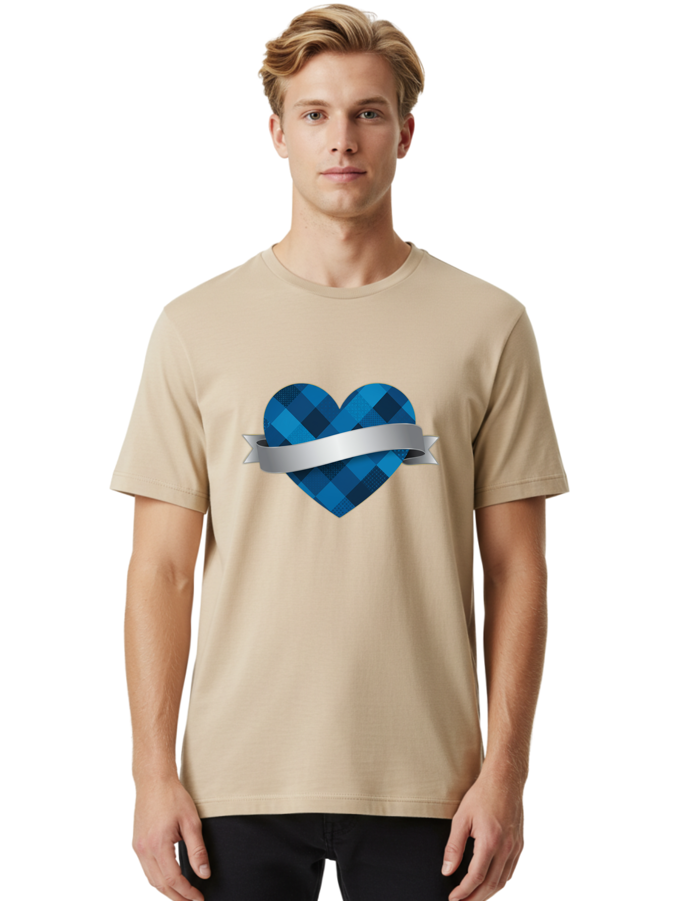 Blue-Plaid-Heart Men'S Graphic Tee, 100% Cotton, Comfortable Casual Summer Wear, Machine Washable, Blue Plaid Heart, Silver Ribbon, Love Symbol, Heart Shape, Textured Pattern, Checkered Design, Elegant Graphics, Symbolic Heart Bae139 18