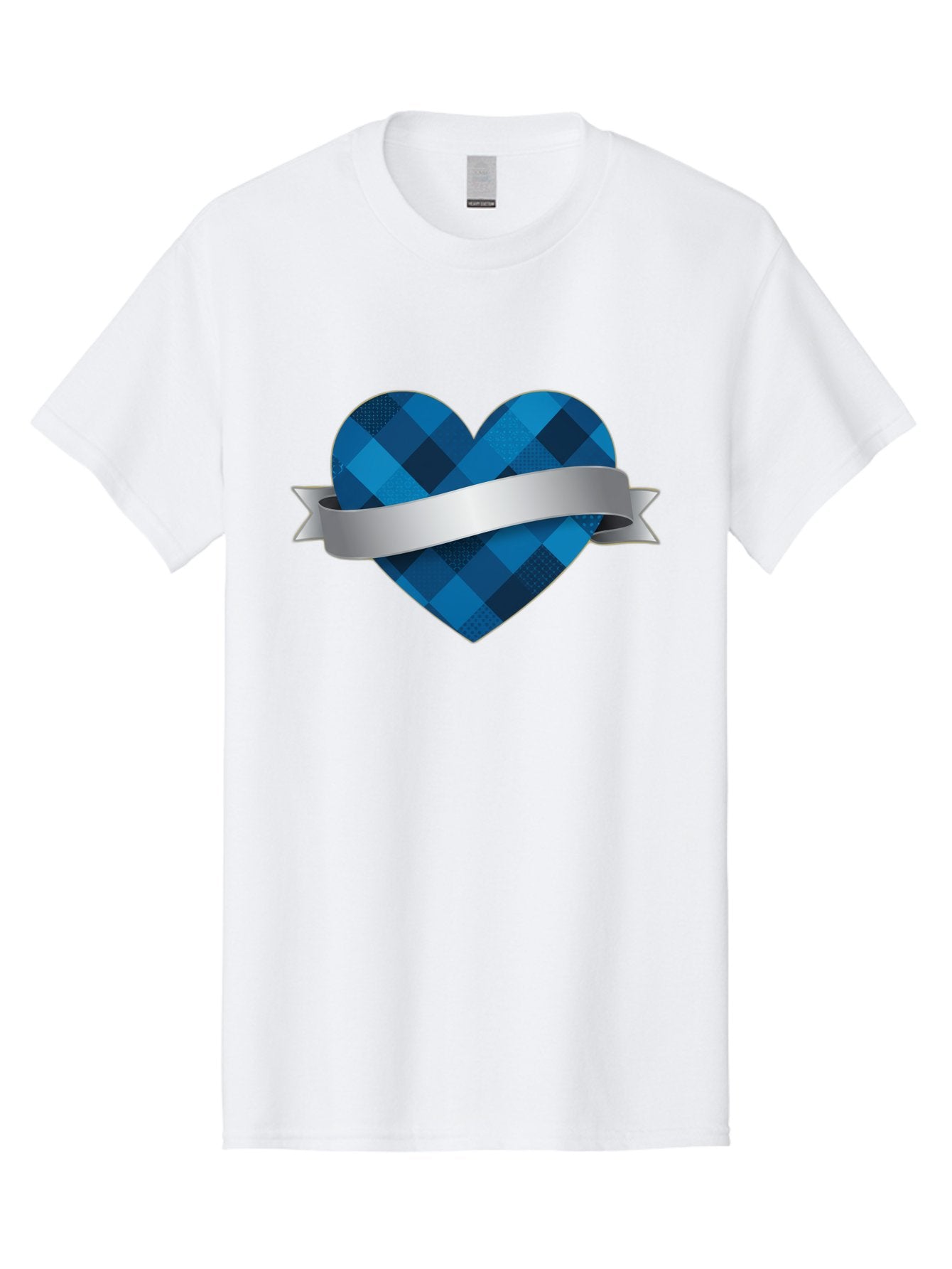 Blue-Plaid-Heart Men'S Graphic Tee, 100% Cotton, Comfortable Casual Summer Wear, Machine Washable, Blue Plaid Heart, Silver Ribbon, Love Symbol, Heart Shape, Textured Pattern, Checkered Design, Elegant Graphics, Symbolic Heart Bae139 4