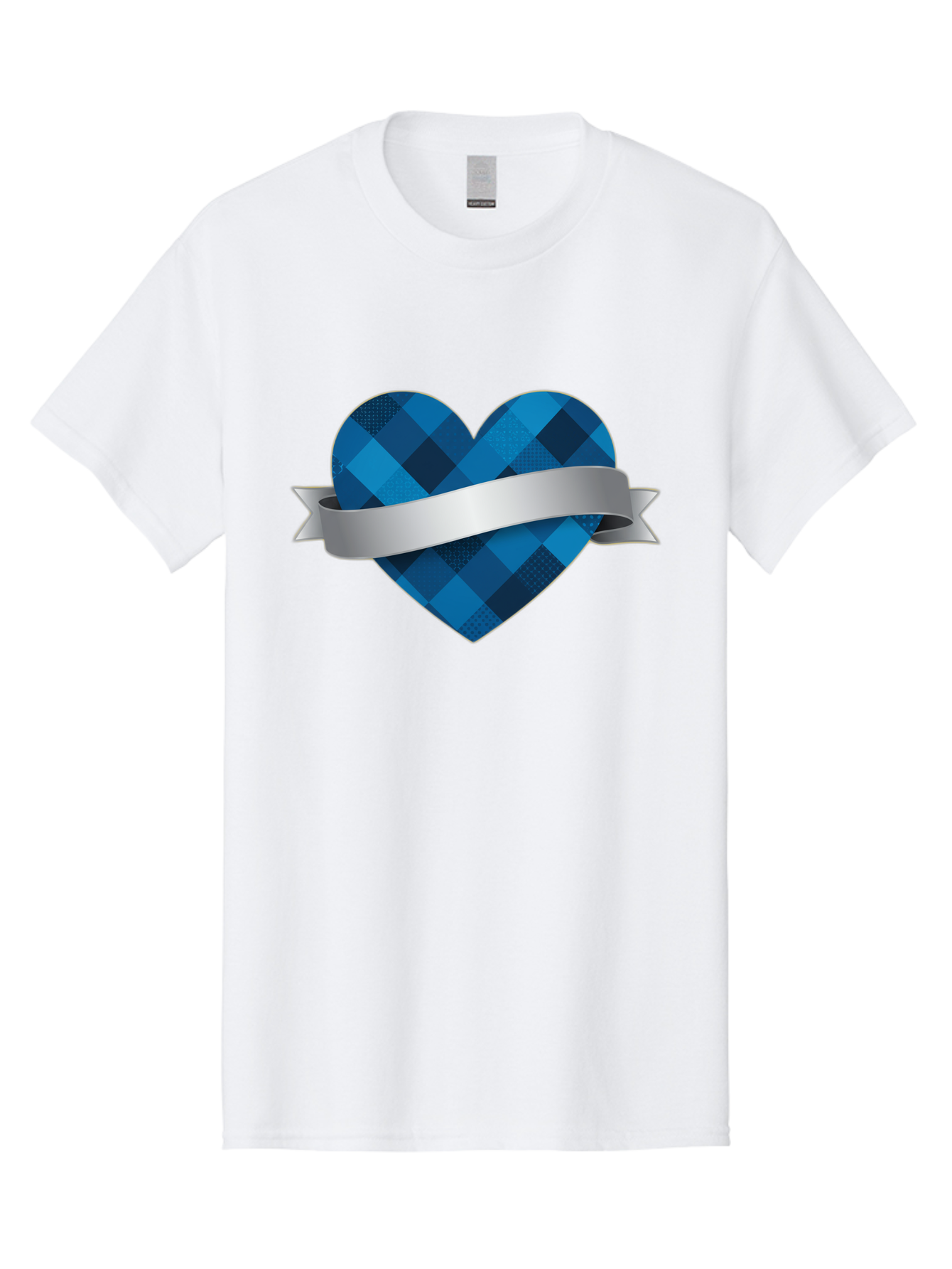 Blue-Plaid-Heart Men'S Graphic Tee, 100% Cotton, Comfortable Casual Summer Wear, Machine Washable, Blue Plaid Heart, Silver Ribbon, Love Symbol, Heart Shape, Textured Pattern, Checkered Design, Elegant Graphics, Symbolic Heart Bae139 12