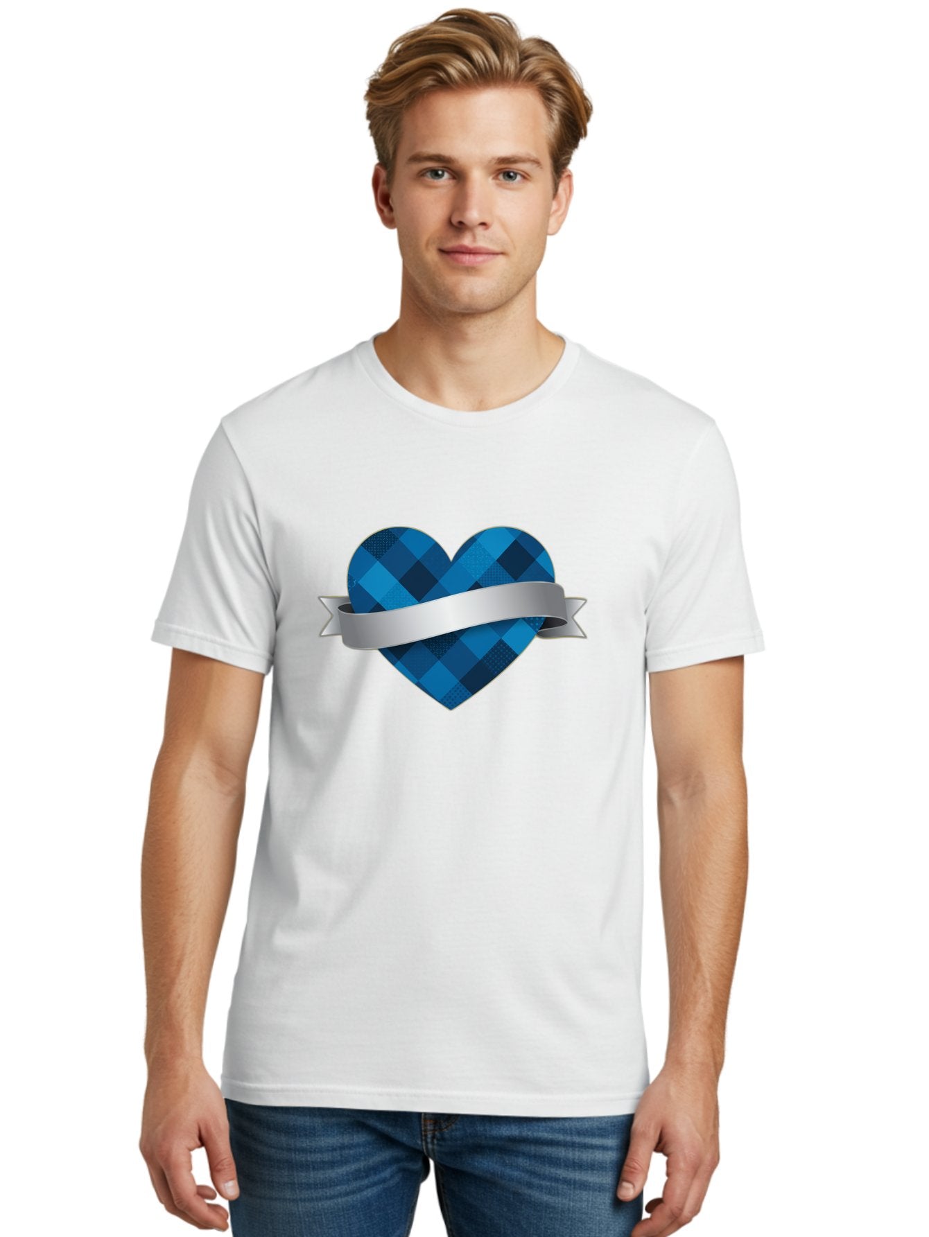 Blue-Plaid-Heart Men'S Graphic Tee, 100% Cotton, Comfortable Casual Summer Wear, Machine Washable, Blue Plaid Heart, Silver Ribbon, Love Symbol, Heart Shape, Textured Pattern, Checkered Design, Elegant Graphics, Symbolic Heart Bae139 18
