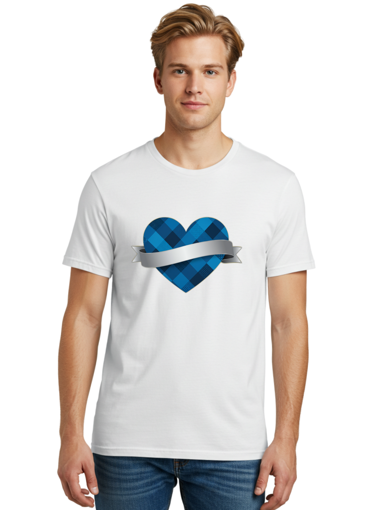 Blue-Plaid-Heart Men'S Graphic Tee, 100% Cotton, Comfortable Casual Summer Wear, Machine Washable, Blue Plaid Heart, Silver Ribbon, Love Symbol, Heart Shape, Textured Pattern, Checkered Design, Elegant Graphics, Symbolic Heart Bae139 27
