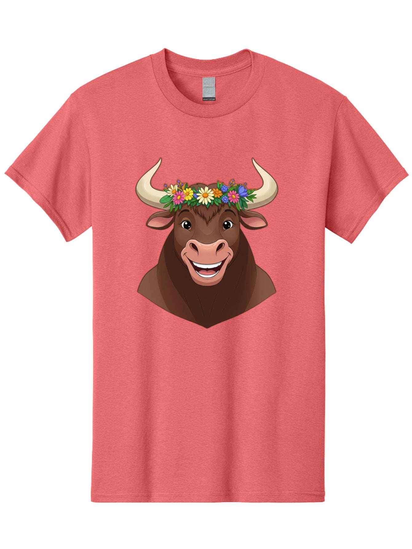 Bull-With-Flowers Men'S Graphic Tee, 100% Cotton, Comfortable Casual Summer Wear, Machine Washable, Cartoon Bull, Floral Crown, Colorful Flowers, Happy Bull, Smiling Face, Cheerful Mood, Vibrant Colors, Playful Character, Funny Illustration, Bae140 15