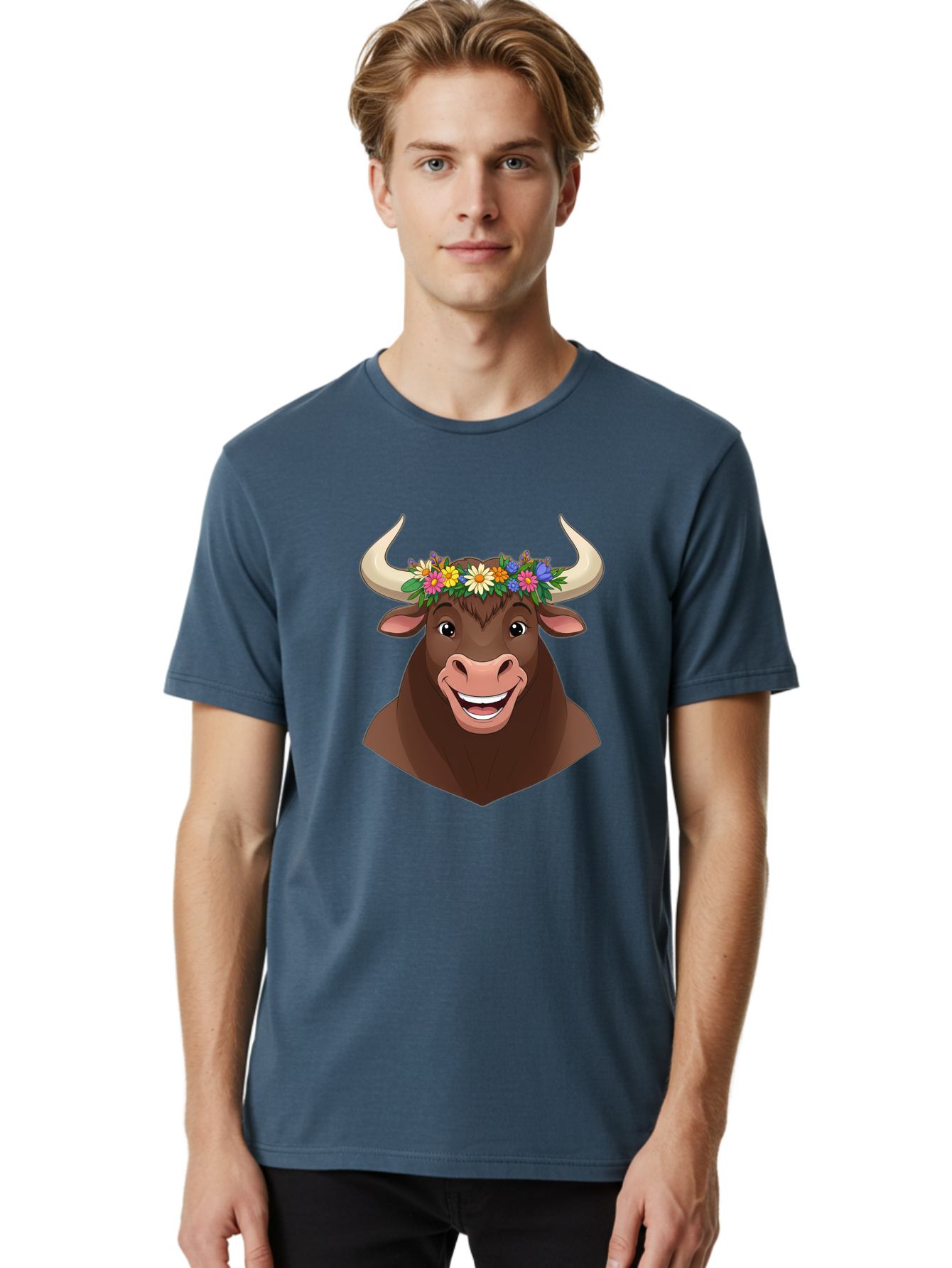 Bull-With-Flowers Men'S Graphic Tee, 100% Cotton, Comfortable Casual Summer Wear, Machine Washable, Cartoon Bull, Floral Crown, Colorful Flowers, Happy Bull, Smiling Face, Cheerful Mood, Vibrant Colors, Playful Character, Funny Illustration, Bae140 25