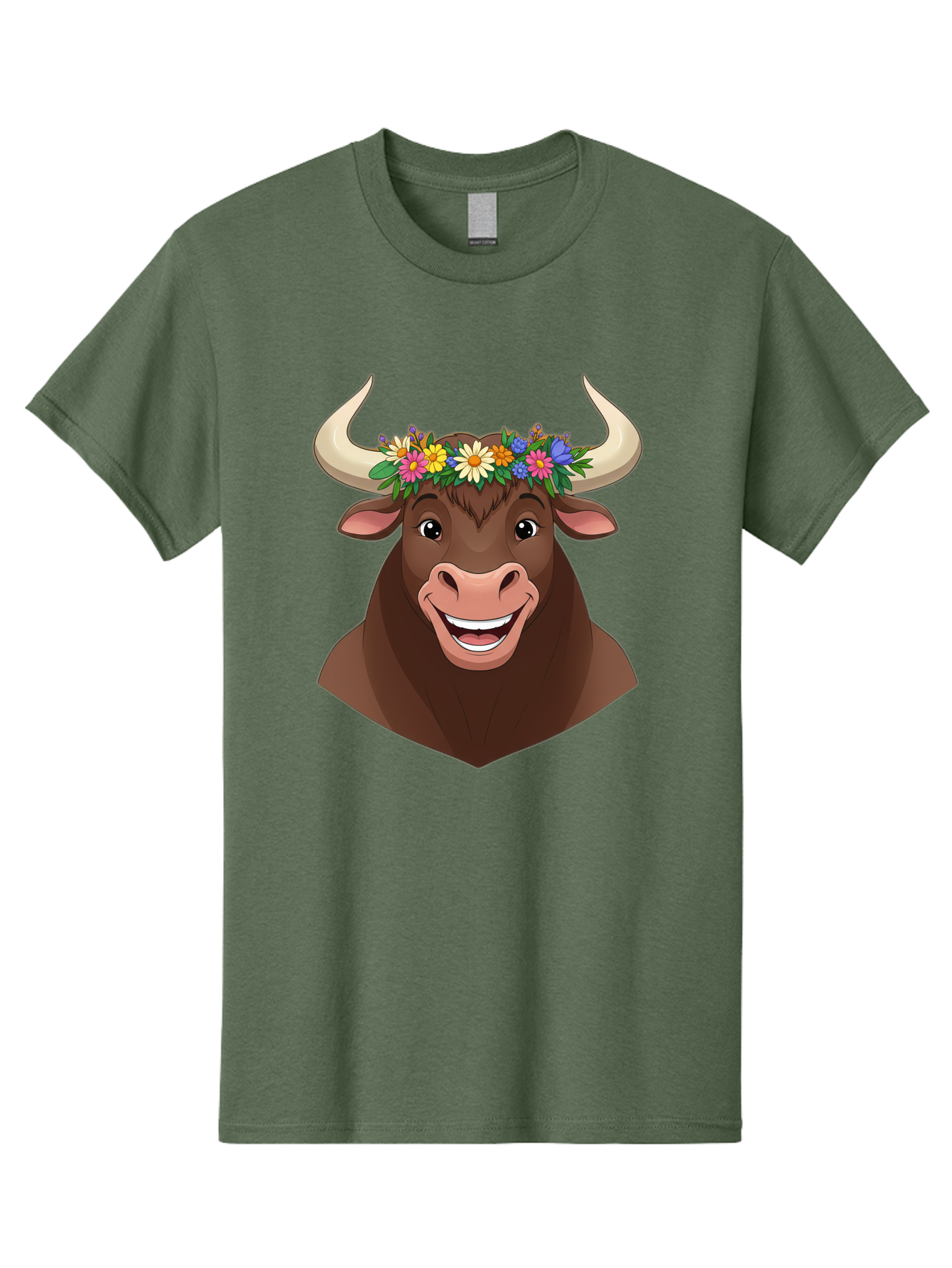 Bull-With-Flowers Men'S Graphic Tee, 100% Cotton, Comfortable Casual Summer Wear, Machine Washable, Cartoon Bull, Floral Crown, Colorful Flowers, Happy Bull, Smiling Face, Cheerful Mood, Vibrant Colors, Playful Character, Funny Illustration, Bae140