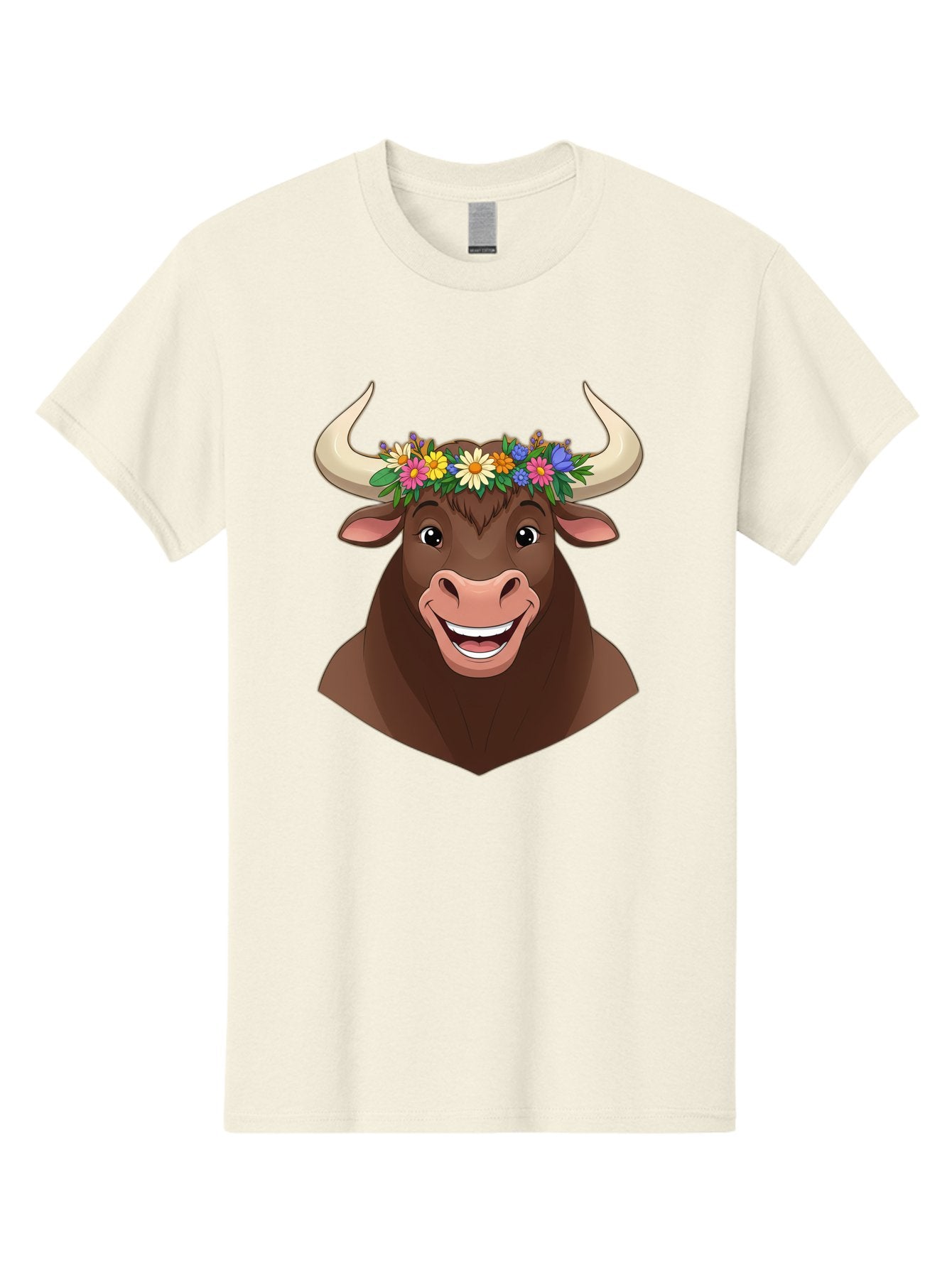 Bull-With-Flowers Men'S Graphic Tee, 100% Cotton, Comfortable Casual Summer Wear, Machine Washable, Cartoon Bull, Floral Crown, Colorful Flowers, Happy Bull, Smiling Face, Cheerful Mood, Vibrant Colors, Playful Character, Funny Illustration, Bae140 12