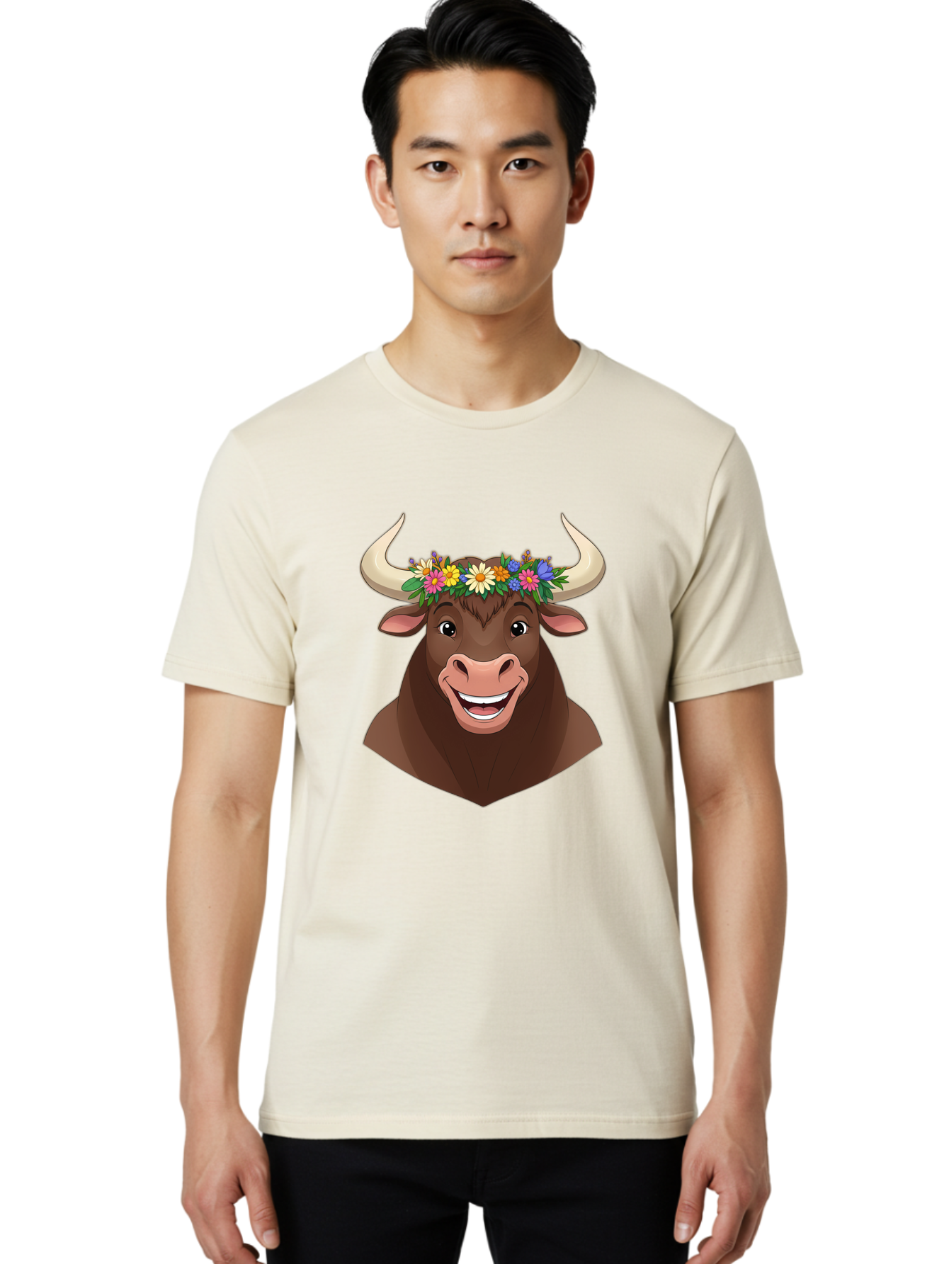 Bull-With-Flowers Men'S Graphic Tee, 100% Cotton, Comfortable Casual Summer Wear, Machine Washable, Cartoon Bull, Floral Crown, Colorful Flowers, Happy Bull, Smiling Face, Cheerful Mood, Vibrant Colors, Playful Character, Funny Illustration, Bae140 18