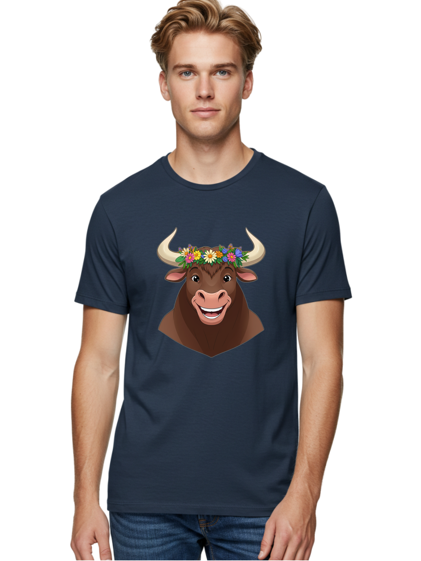 Bull-With-Flowers Men'S Graphic Tee, 100% Cotton, Comfortable Casual Summer Wear, Machine Washable, Cartoon Bull, Floral Crown, Colorful Flowers, Happy Bull, Smiling Face, Cheerful Mood, Vibrant Colors, Playful Character, Funny Illustration, Bae140 19