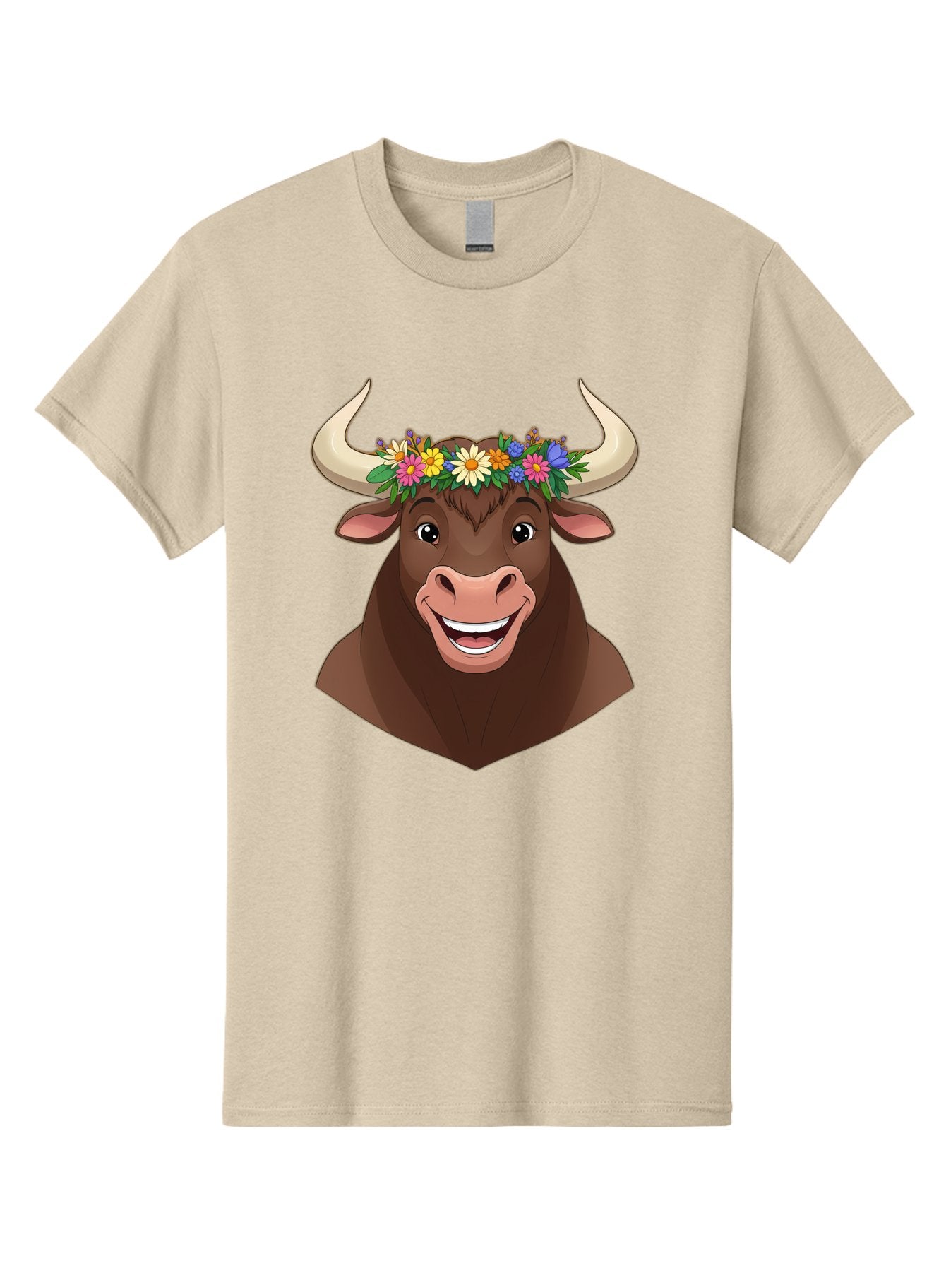 Bull-With-Flowers Men'S Graphic Tee, 100% Cotton, Comfortable Casual Summer Wear, Machine Washable, Cartoon Bull, Floral Crown, Colorful Flowers, Happy Bull, Smiling Face, Cheerful Mood, Vibrant Colors, Playful Character, Funny Illustration, Bae140 10