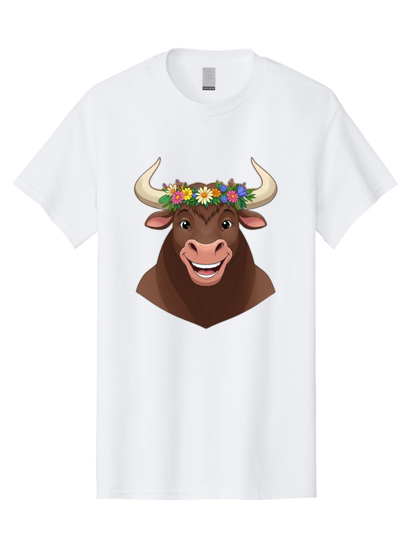 Bull-With-Flowers Men'S Graphic Tee, 100% Cotton, Comfortable Casual Summer Wear, Machine Washable, Cartoon Bull, Floral Crown, Colorful Flowers, Happy Bull, Smiling Face, Cheerful Mood, Vibrant Colors, Playful Character, Funny Illustration, Bae140 4