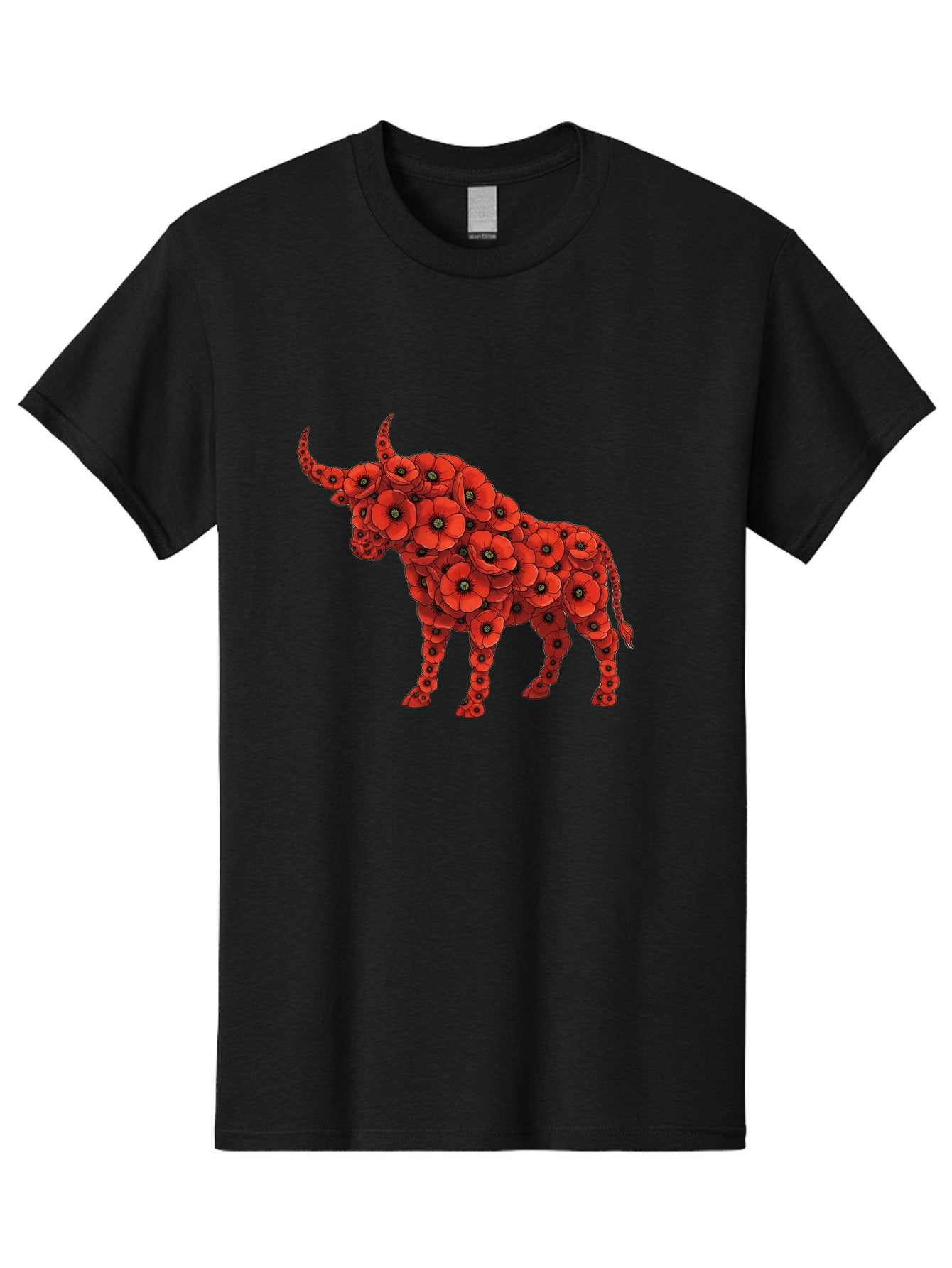 Bull-With-Poppies Men'S Graphic Tee, 100% Cotton, Comfortable Casual Summer Wear, Machine Washable, Red Poppy Flowers, Floral Bull, Bull Silhouette, Vibrant Flowers, Botanical Art, Floral Design, Bull Design, Flowers Bae141 11