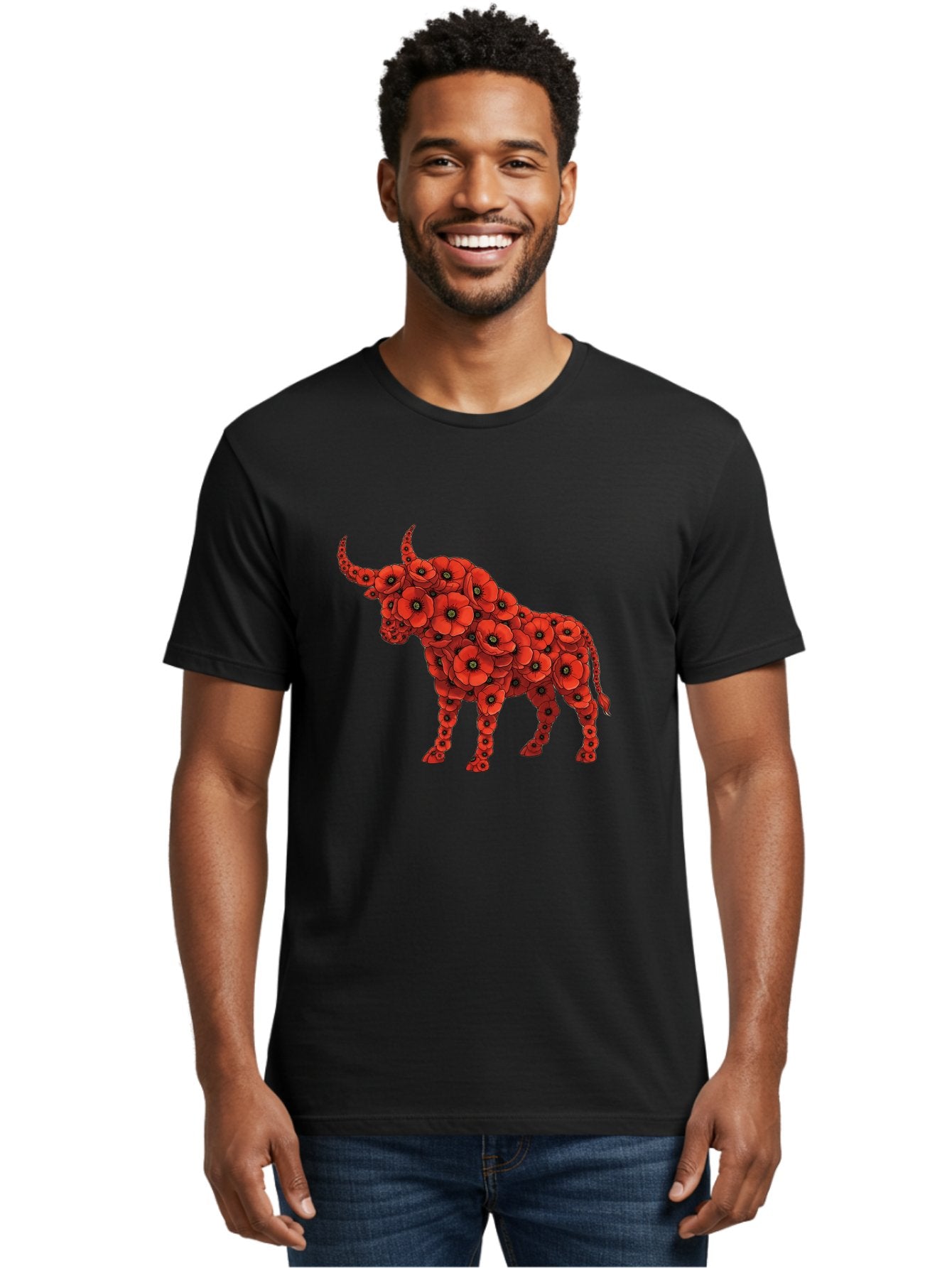 Bull-With-Poppies Men'S Graphic Tee, 100% Cotton, Comfortable Casual Summer Wear, Machine Washable, Red Poppy Flowers, Floral Bull, Bull Silhouette, Vibrant Flowers, Botanical Art, Floral Design, Bull Design, Flowers Bae141 27