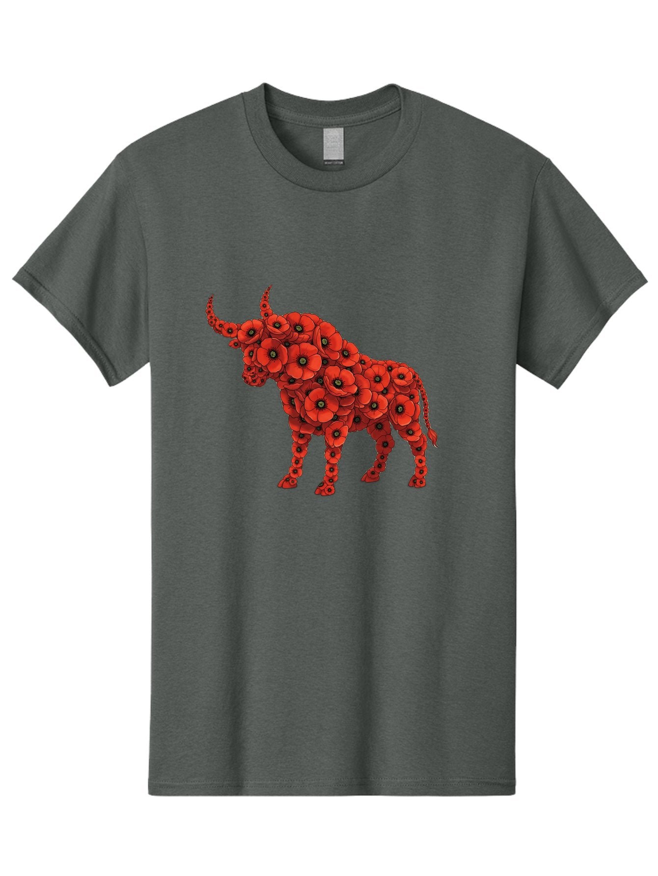 Bull-With-Poppies Men'S Graphic Tee, 100% Cotton, Comfortable Casual Summer Wear, Machine Washable, Red Poppy Flowers, Floral Bull, Bull Silhouette, Vibrant Flowers, Botanical Art, Floral Design, Bull Design, Flowers Bae141 4