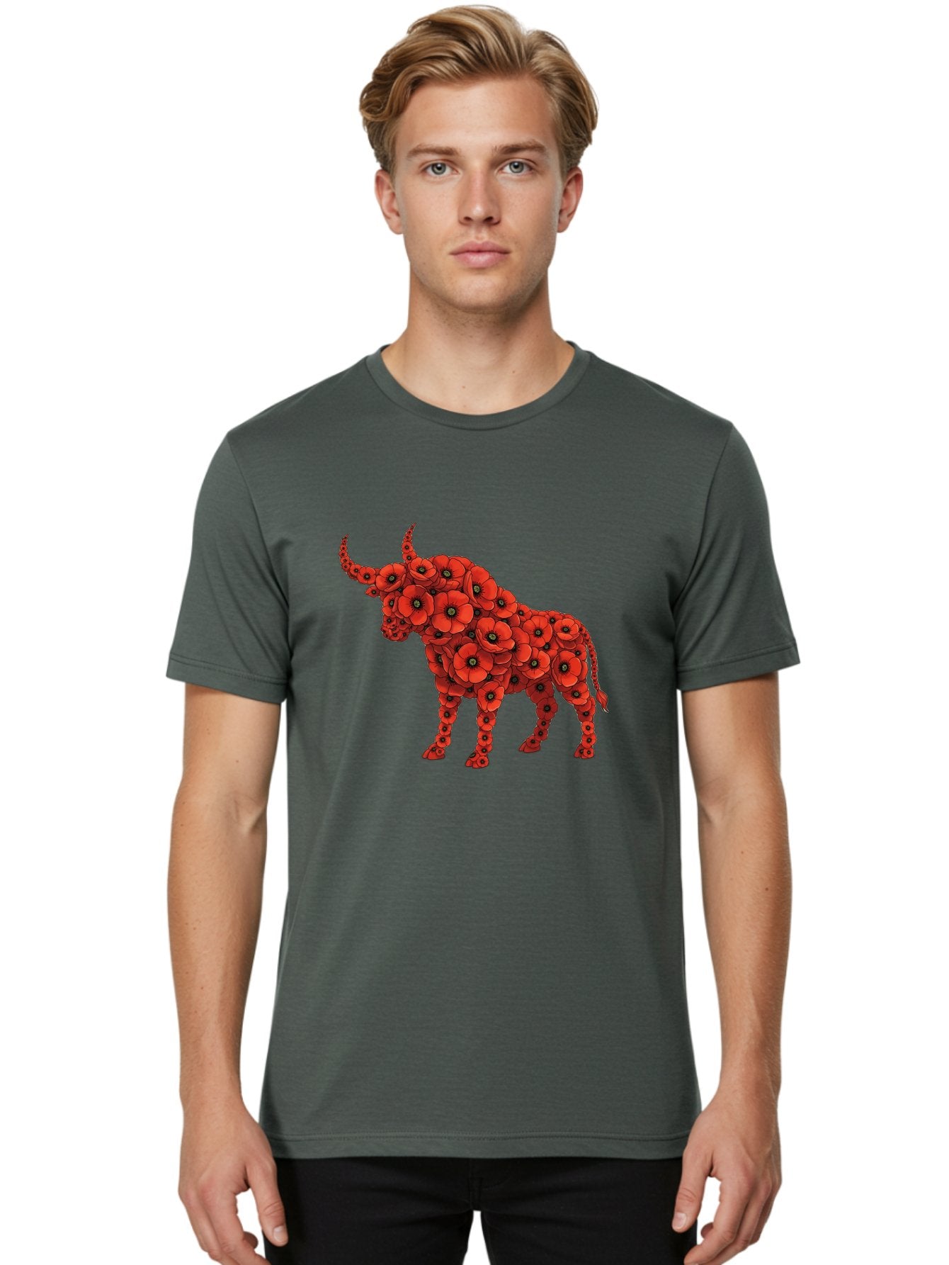 Bull-With-Poppies Men'S Graphic Tee, 100% Cotton, Comfortable Casual Summer Wear, Machine Washable, Red Poppy Flowers, Floral Bull, Bull Silhouette, Vibrant Flowers, Botanical Art, Floral Design, Bull Design, Flowers Bae141 18