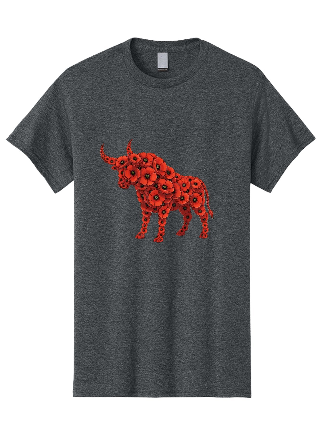 Bull-With-Poppies Men'S Graphic Tee, 100% Cotton, Comfortable Casual Summer Wear, Machine Washable, Red Poppy Flowers, Floral Bull, Bull Silhouette, Vibrant Flowers, Botanical Art, Floral Design, Bull Design, Flowers Bae141 6