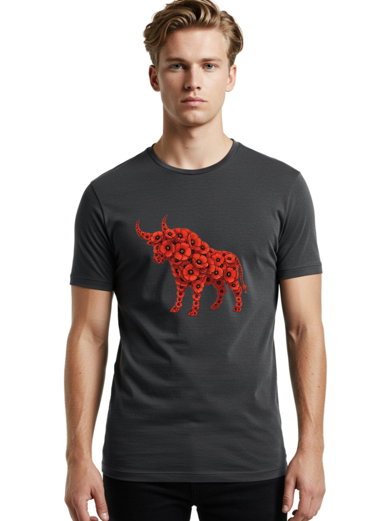 Bull-With-Poppies Men'S Graphic Tee, 100% Cotton, Comfortable Casual Summer Wear, Machine Washable, Red Poppy Flowers, Floral Bull, Bull Silhouette, Vibrant Flowers, Botanical Art, Floral Design, Bull Design, Flowers Bae141 24