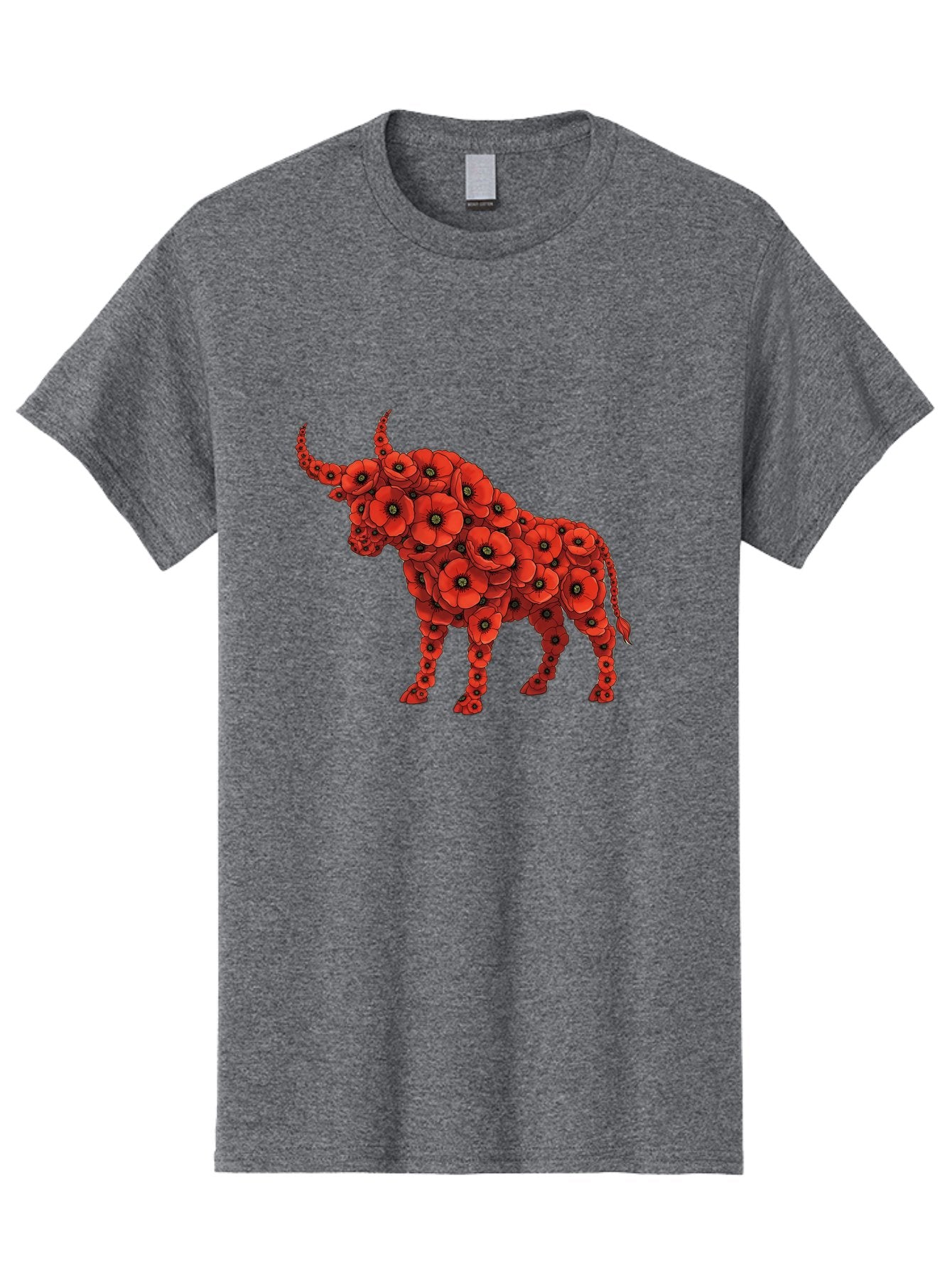 Bull-With-Poppies Men'S Graphic Tee, 100% Cotton, Comfortable Casual Summer Wear, Machine Washable, Red Poppy Flowers, Floral Bull, Bull Silhouette, Vibrant Flowers, Botanical Art, Floral Design, Bull Design, Flowers Bae141 15