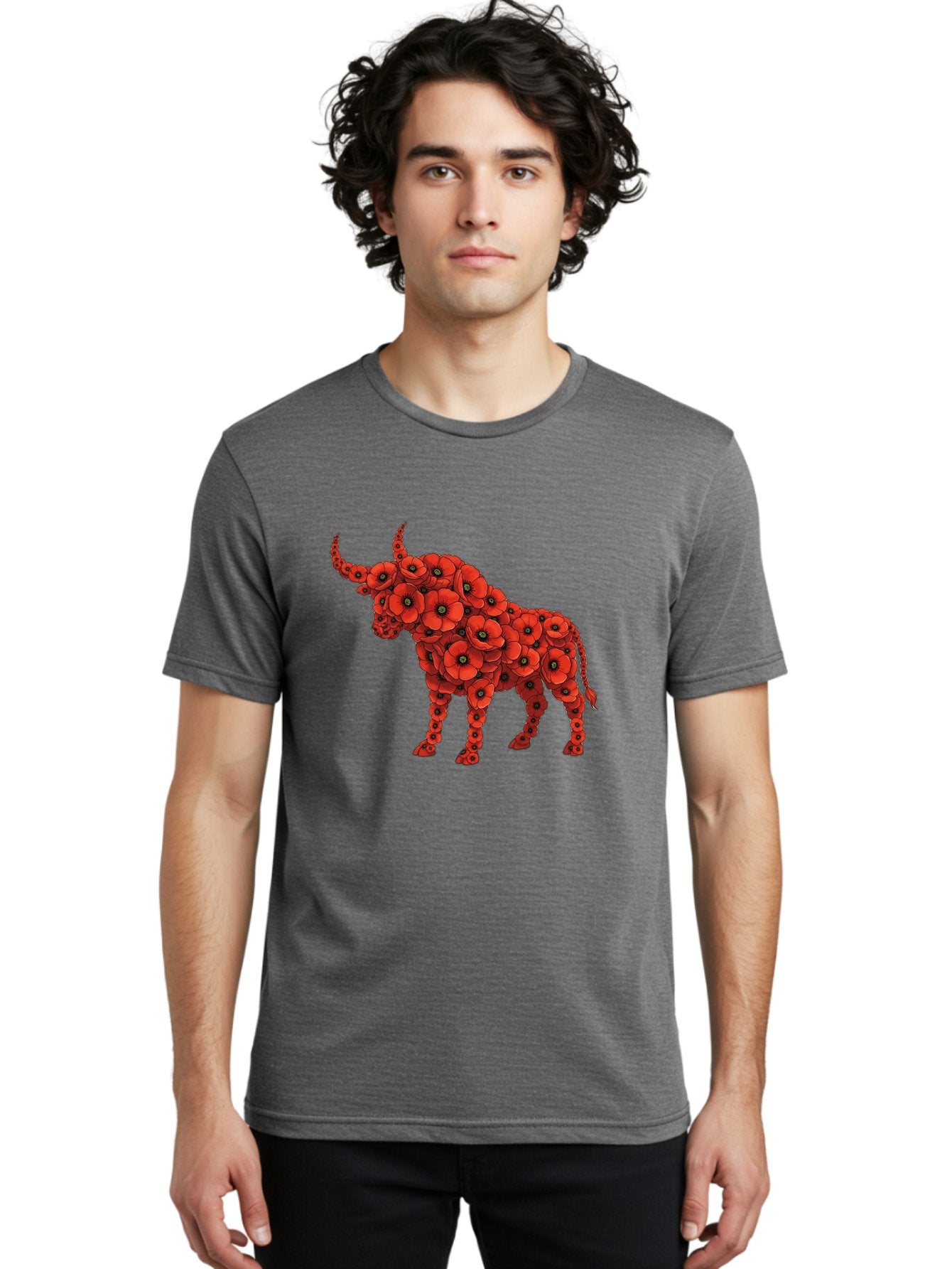 Bull-With-Poppies Men'S Graphic Tee, 100% Cotton, Comfortable Casual Summer Wear, Machine Washable, Red Poppy Flowers, Floral Bull, Bull Silhouette, Vibrant Flowers, Botanical Art, Floral Design, Bull Design, Flowers Bae141 30