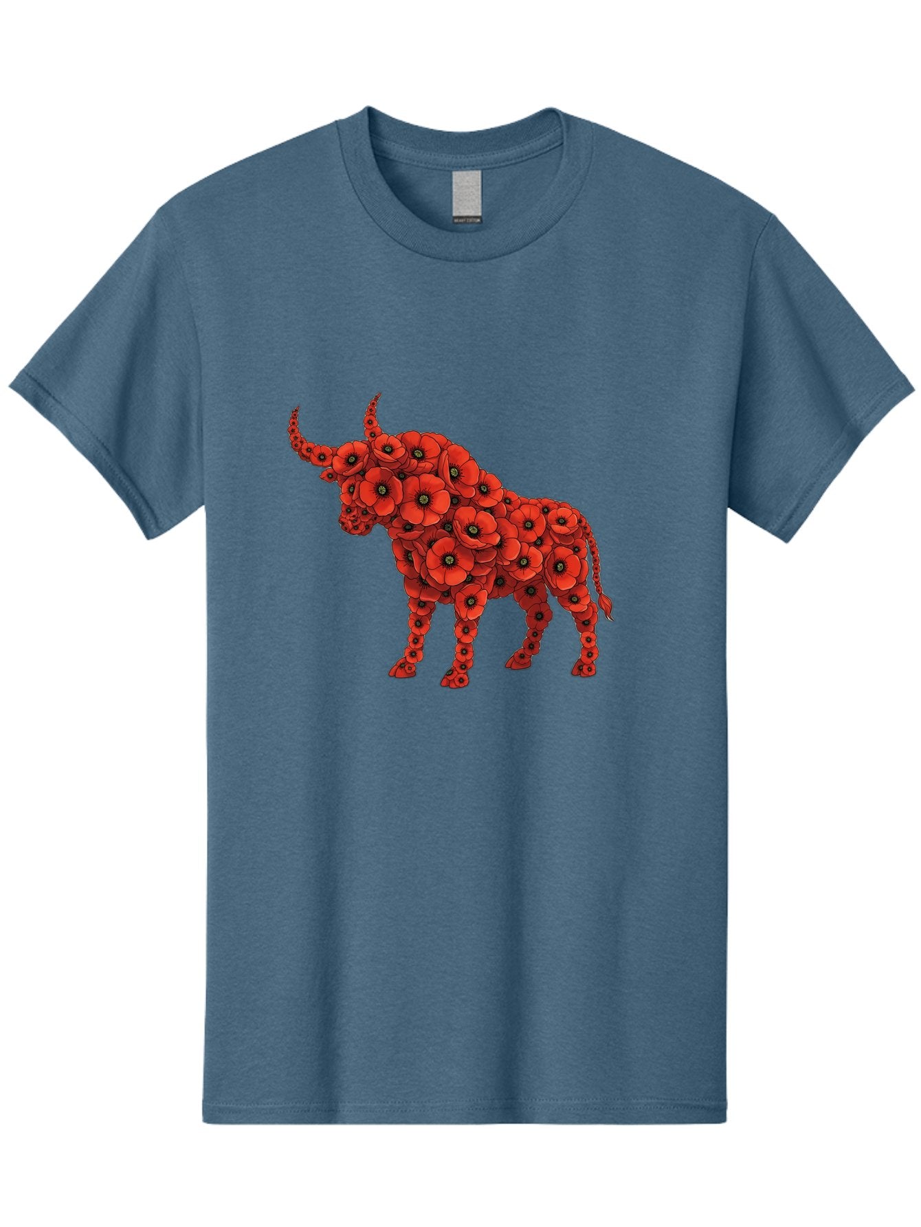 Bull-With-Poppies Men'S Graphic Tee, 100% Cotton, Comfortable Casual Summer Wear, Machine Washable, Red Poppy Flowers, Floral Bull, Bull Silhouette, Vibrant Flowers, Botanical Art, Floral Design, Bull Design, Flowers Bae141 3