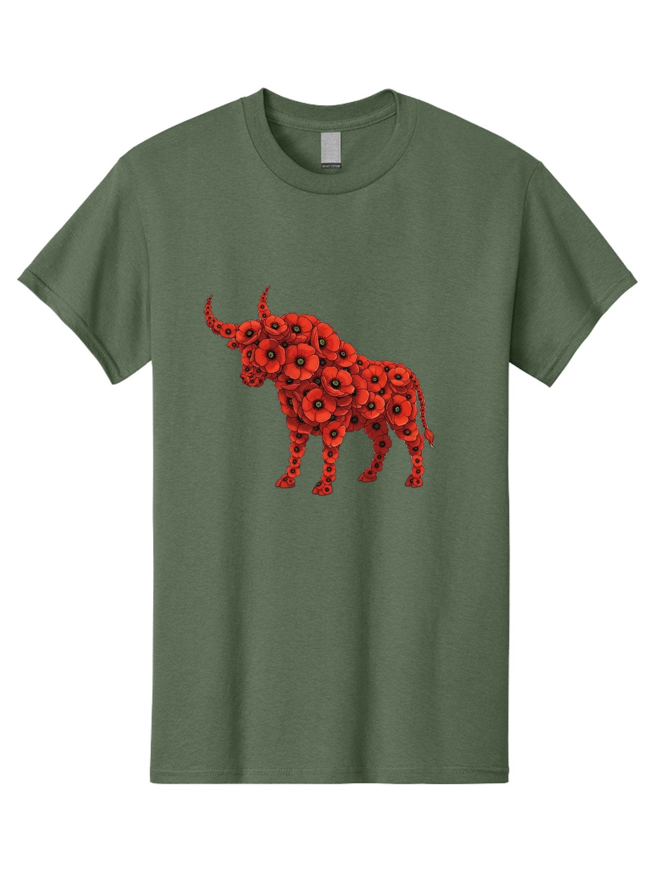 Bull-With-Poppies Men'S Graphic Tee, 100% Cotton, Comfortable Casual Summer Wear, Machine Washable, Red Poppy Flowers, Floral Bull, Bull Silhouette, Vibrant Flowers, Botanical Art, Floral Design, Bull Design, Flowers Bae141 9