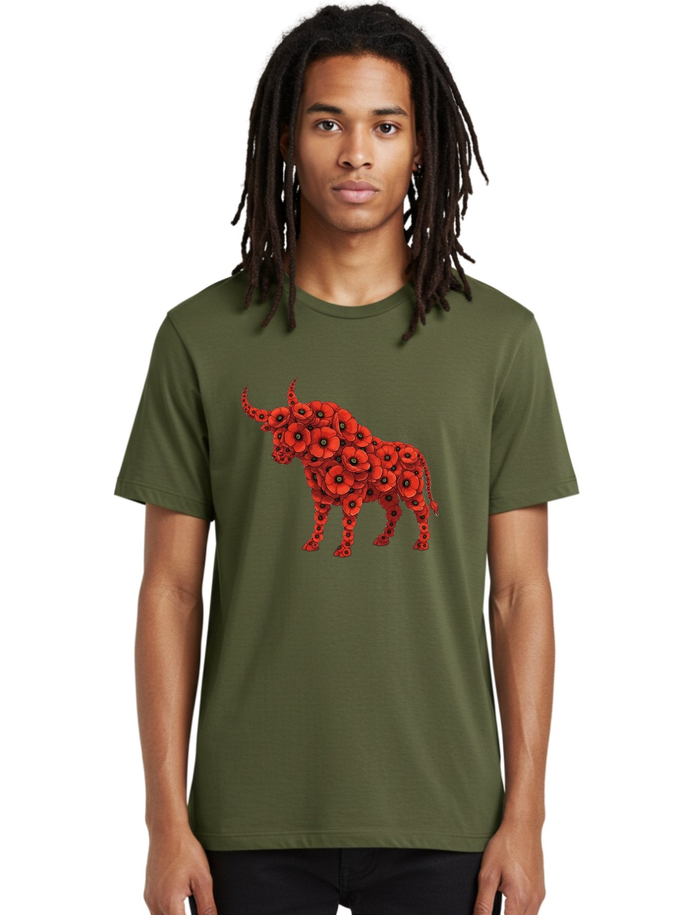 Bull-With-Poppies Men'S Graphic Tee, 100% Cotton, Comfortable Casual Summer Wear, Machine Washable, Red Poppy Flowers, Floral Bull, Bull Silhouette, Vibrant Flowers, Botanical Art, Floral Design, Bull Design, Flowers Bae141 26