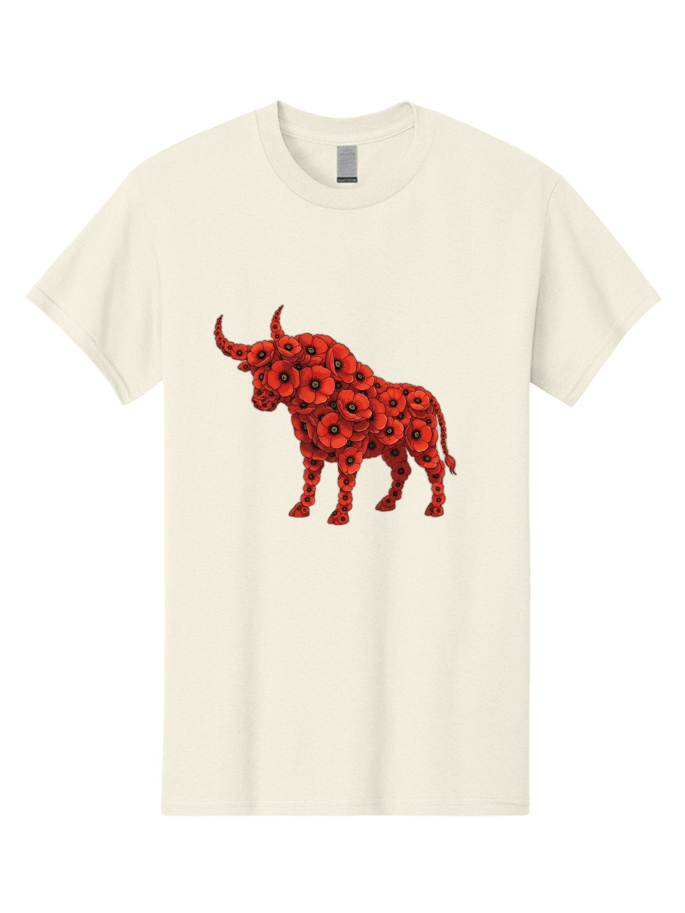 Bull-With-Poppies Men'S Graphic Tee, 100% Cotton, Comfortable Casual Summer Wear, Machine Washable, Red Poppy Flowers, Floral Bull, Bull Silhouette, Vibrant Flowers, Botanical Art, Floral Design, Bull Design, Flowers Bae141