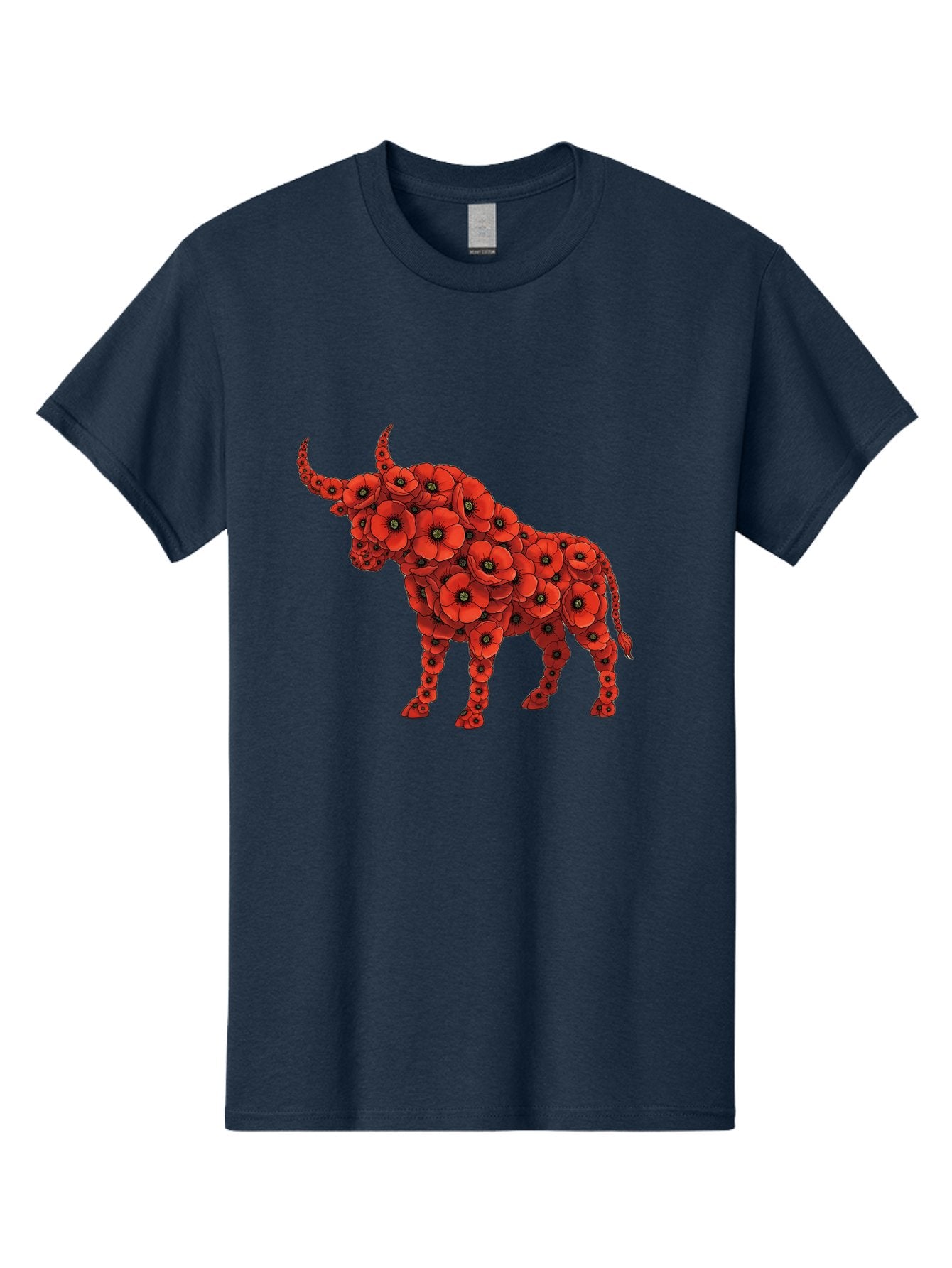 Bull-With-Poppies Men'S Graphic Tee, 100% Cotton, Comfortable Casual Summer Wear, Machine Washable, Red Poppy Flowers, Floral Bull, Bull Silhouette, Vibrant Flowers, Botanical Art, Floral Design, Bull Design, Flowers Bae141 7