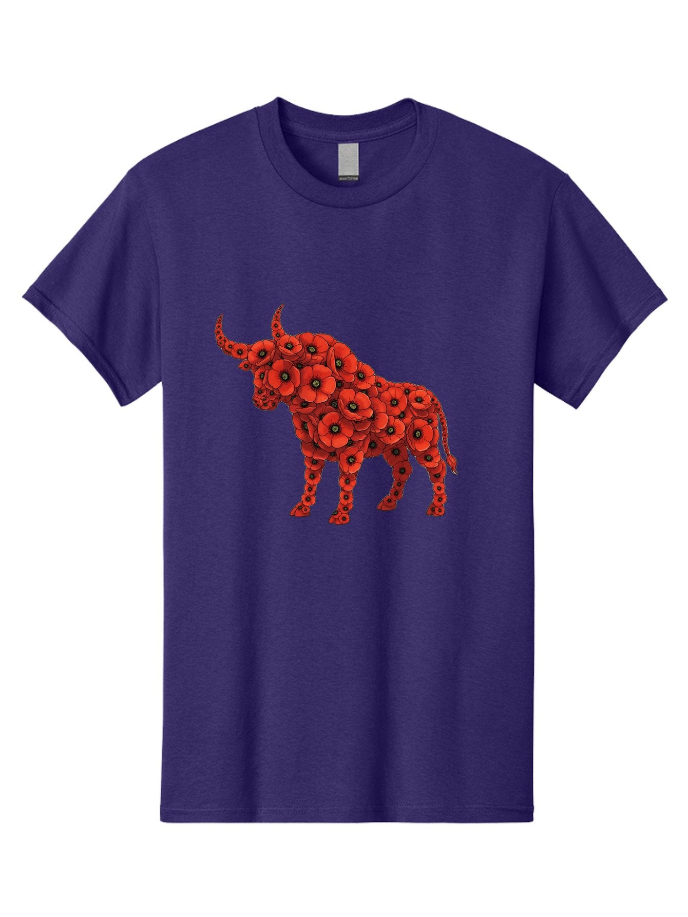 Bull-With-Poppies Men'S Graphic Tee, 100% Cotton, Comfortable Casual Summer Wear, Machine Washable, Red Poppy Flowers, Floral Bull, Bull Silhouette, Vibrant Flowers, Botanical Art, Floral Design, Bull Design, Flowers Bae141 14