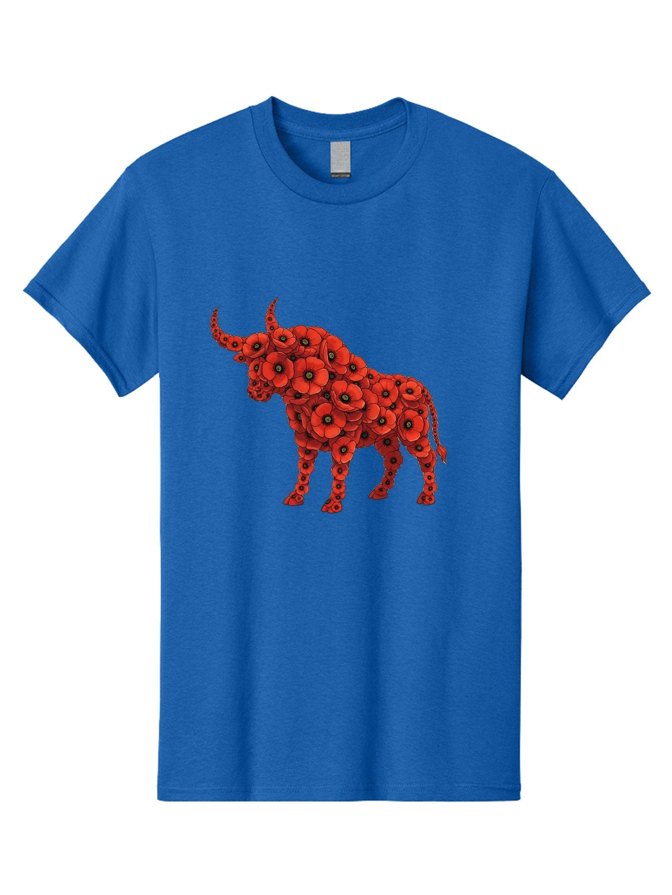 Bull-With-Poppies Men'S Graphic Tee, 100% Cotton, Comfortable Casual Summer Wear, Machine Washable, Red Poppy Flowers, Floral Bull, Bull Silhouette, Vibrant Flowers, Botanical Art, Floral Design, Bull Design, Flowers Bae141 13