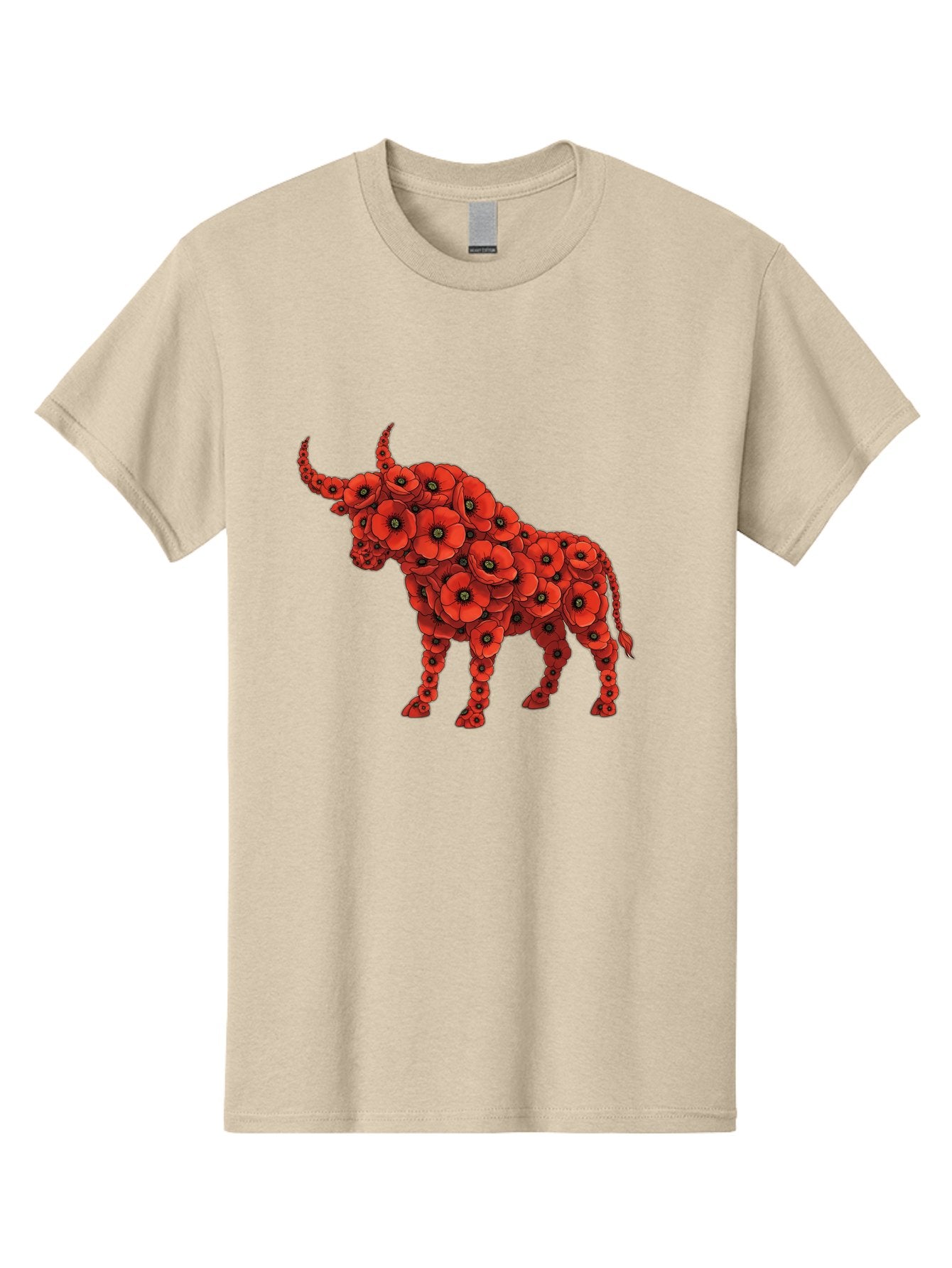 Bull-With-Poppies Men'S Graphic Tee, 100% Cotton, Comfortable Casual Summer Wear, Machine Washable, Red Poppy Flowers, Floral Bull, Bull Silhouette, Vibrant Flowers, Botanical Art, Floral Design, Bull Design, Flowers Bae141 8