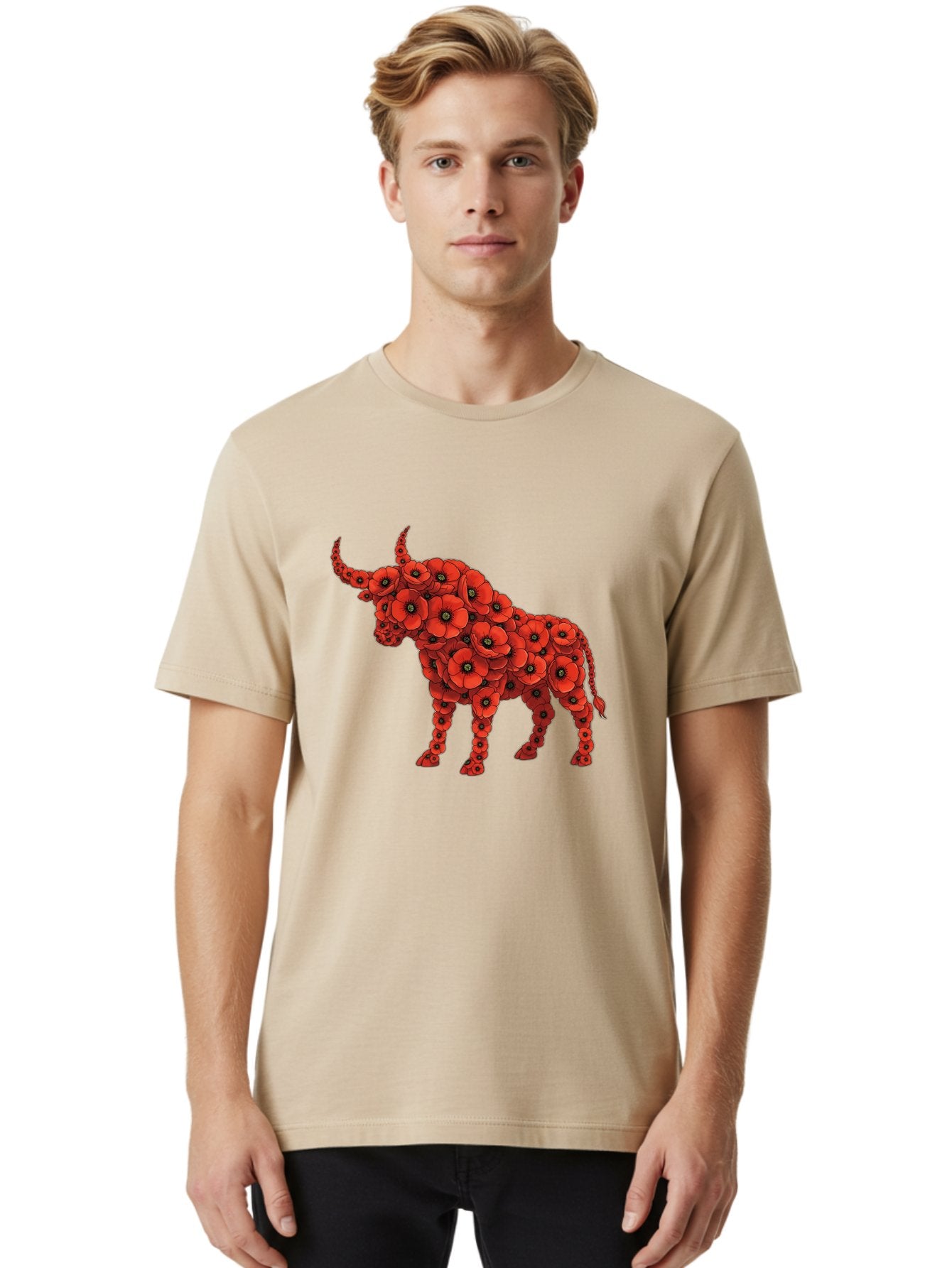 Bull-With-Poppies Men'S Graphic Tee, 100% Cotton, Comfortable Casual Summer Wear, Machine Washable, Red Poppy Flowers, Floral Bull, Bull Silhouette, Vibrant Flowers, Botanical Art, Floral Design, Bull Design, Flowers Bae141 25