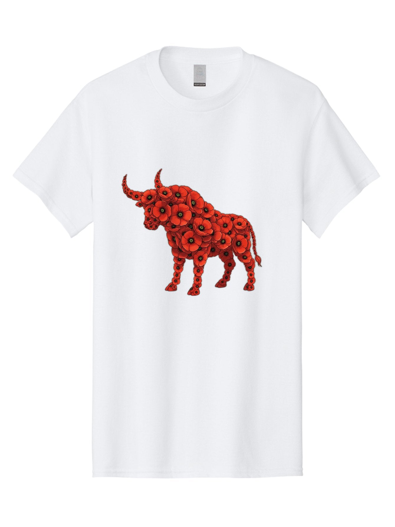 Bull-With-Poppies Men'S Graphic Tee, 100% Cotton, Comfortable Casual Summer Wear, Machine Washable, Red Poppy Flowers, Floral Bull, Bull Silhouette, Vibrant Flowers, Botanical Art, Floral Design, Bull Design, Flowers Bae141 10