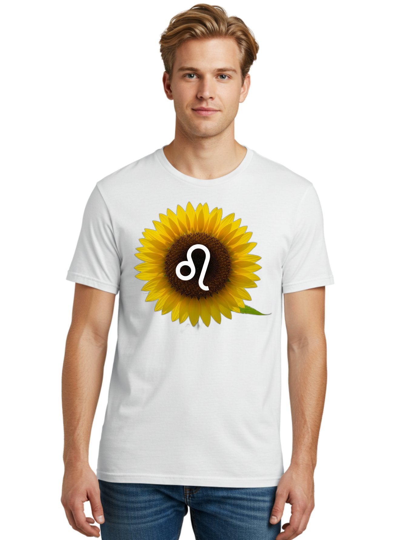 Cancer-Zodiac-Symbol-Sunflower Men'S Graphic Tee, 100% Cotton, Comfortable Casual Summer Wear, Machine Washable, Sunflower With Leo Zodiac Symbol, Astrology Sign, Horoscope, Floral Representation, Vibrant Yellow Petals, Symbolic Astrology, Bae143 25