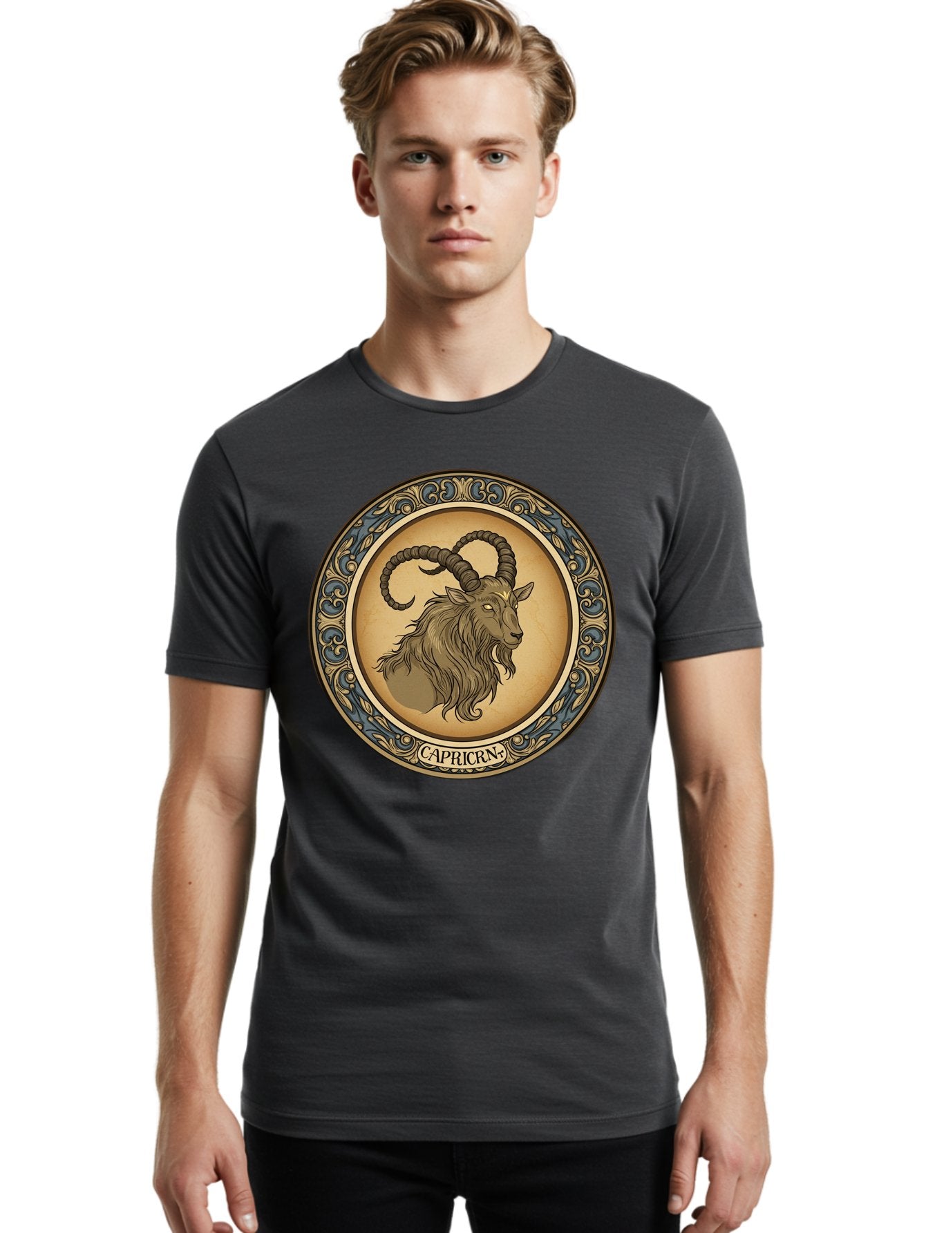 Capricorn-1 Men'S Graphic Tee, 100% Cotton, Comfortable Casual Summer Wear, Machine Washable, Zodiac Sign, Goat Symbol, Horoscope Icon, Astrology, Capricorn Symbol, Goat Illustration, Mystical Signs, Decorative Frame, Astrological Signs Bae144 25